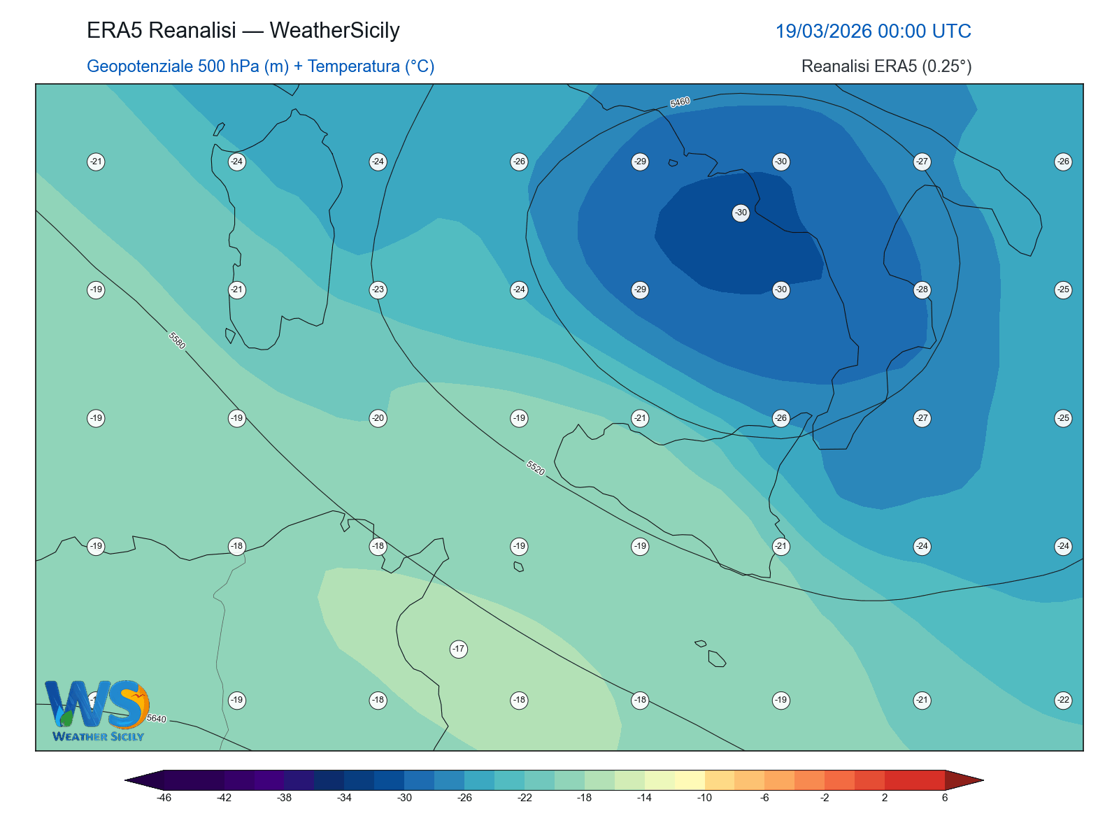 Geopotenziale 500 hPa + Temperatura · 2026031900