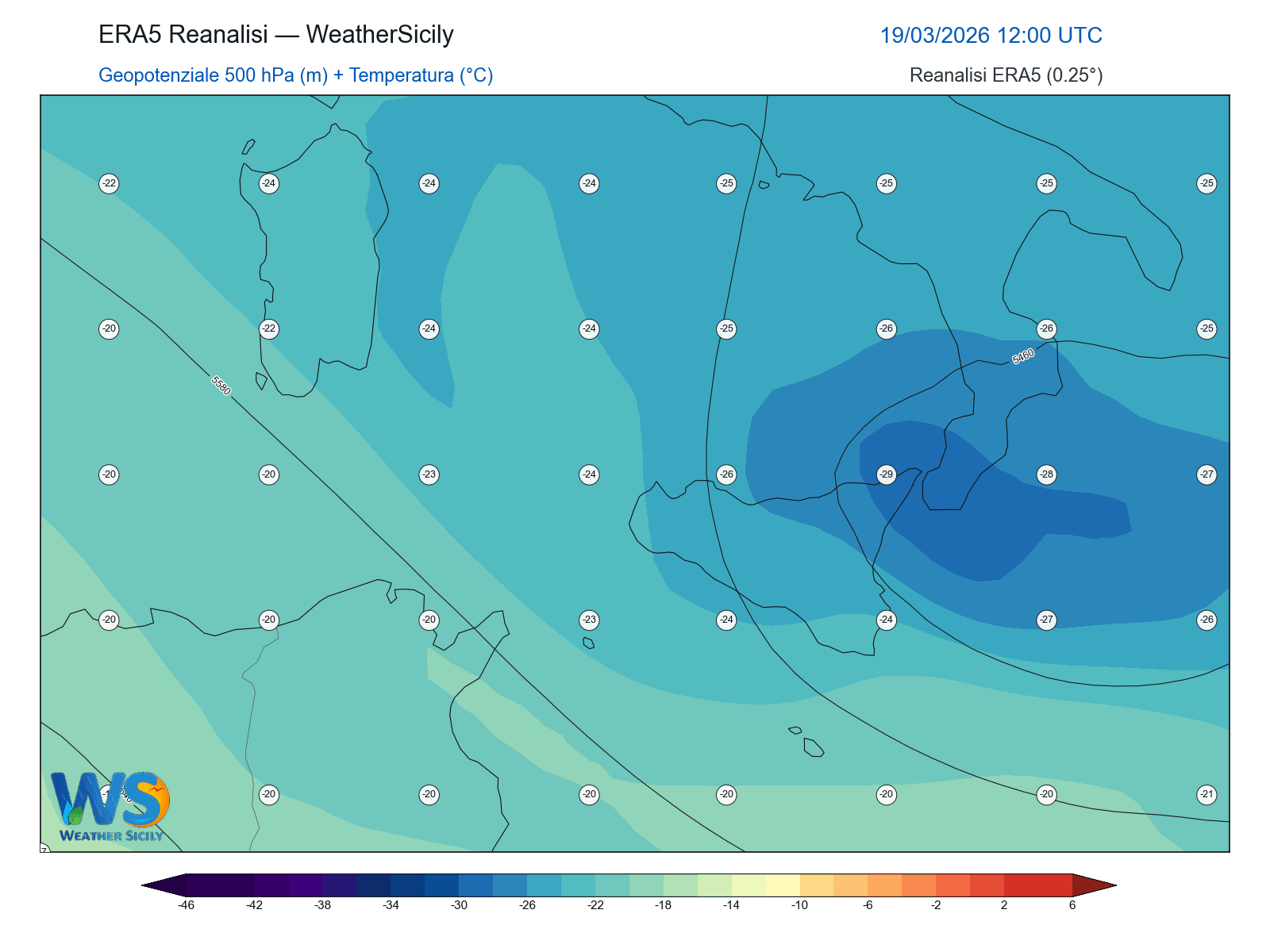 Geopotenziale 500 hPa + Temperatura · 2026031912
