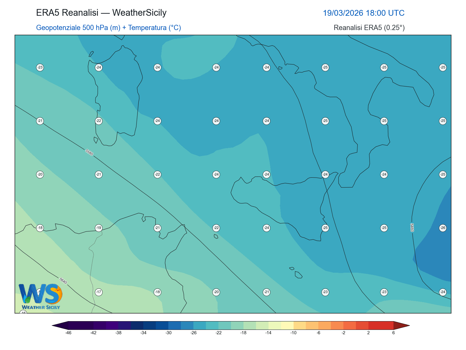 Geopotenziale 500 hPa + Temperatura · 2026031918