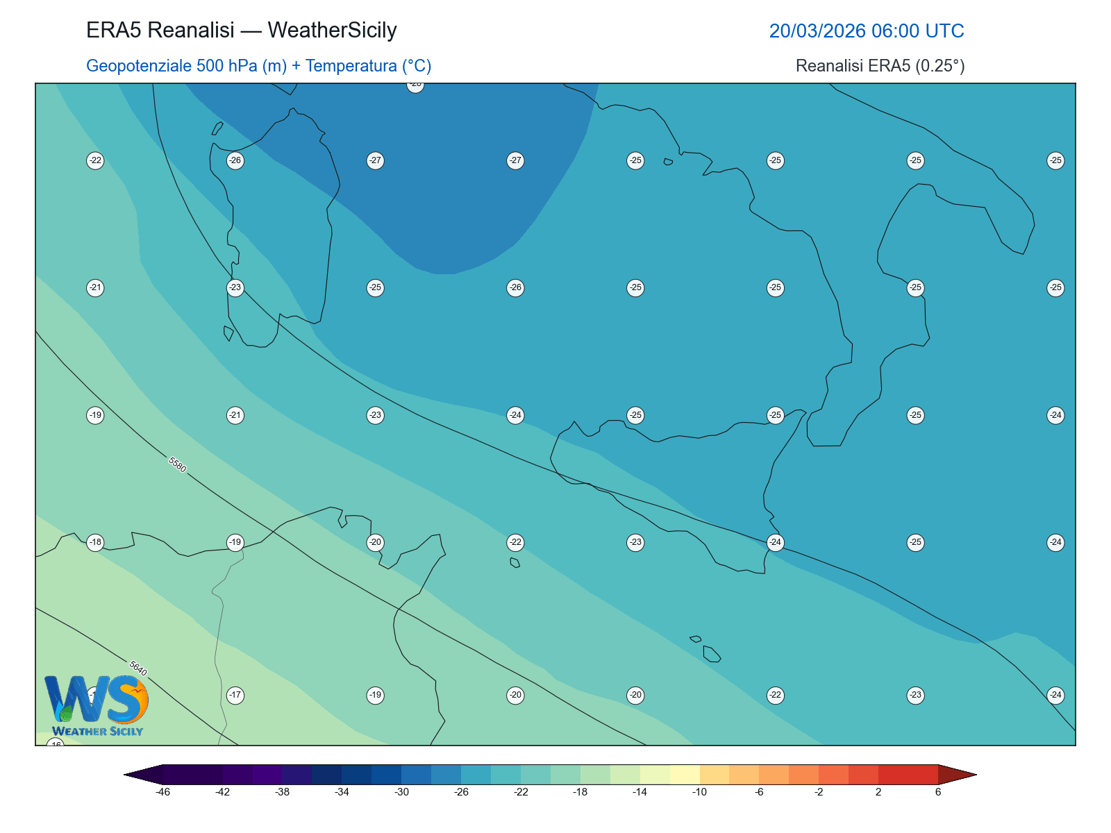 Geopotenziale 500 hPa + Temperatura · 2026032006