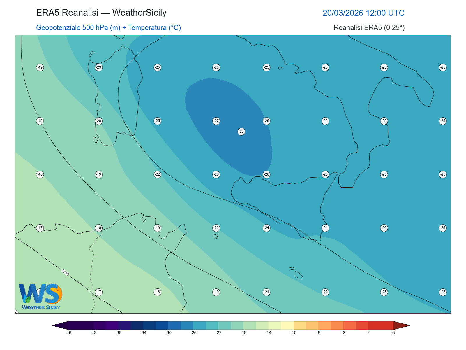 Geopotenziale 500 hPa + Temperatura · 2026032012