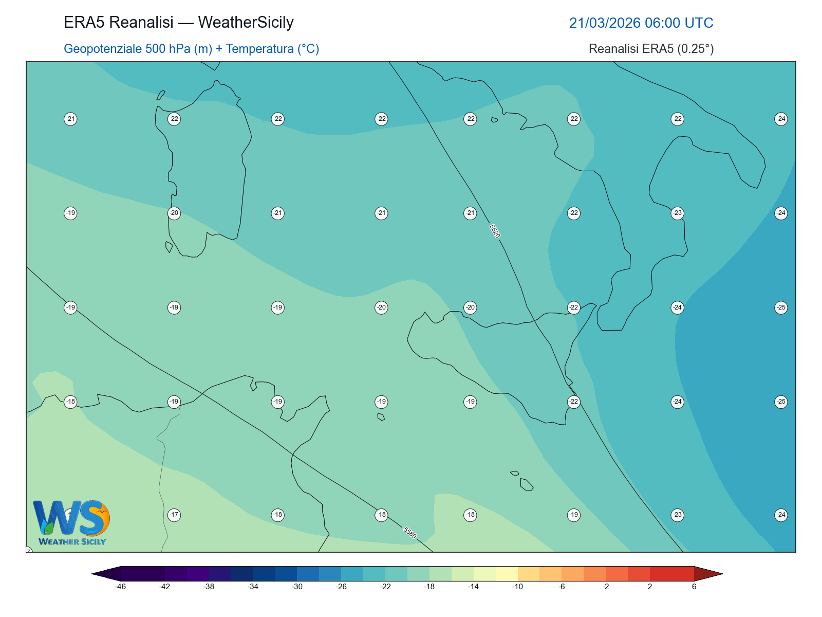 Geopotenziale 500 hPa + Temperatura · 2026032106