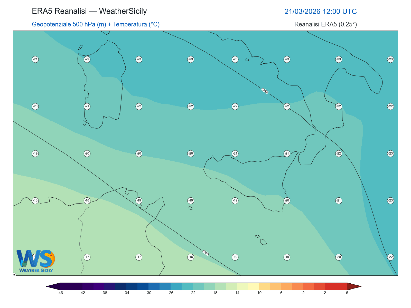 Geopotenziale 500 hPa + Temperatura · 2026032112