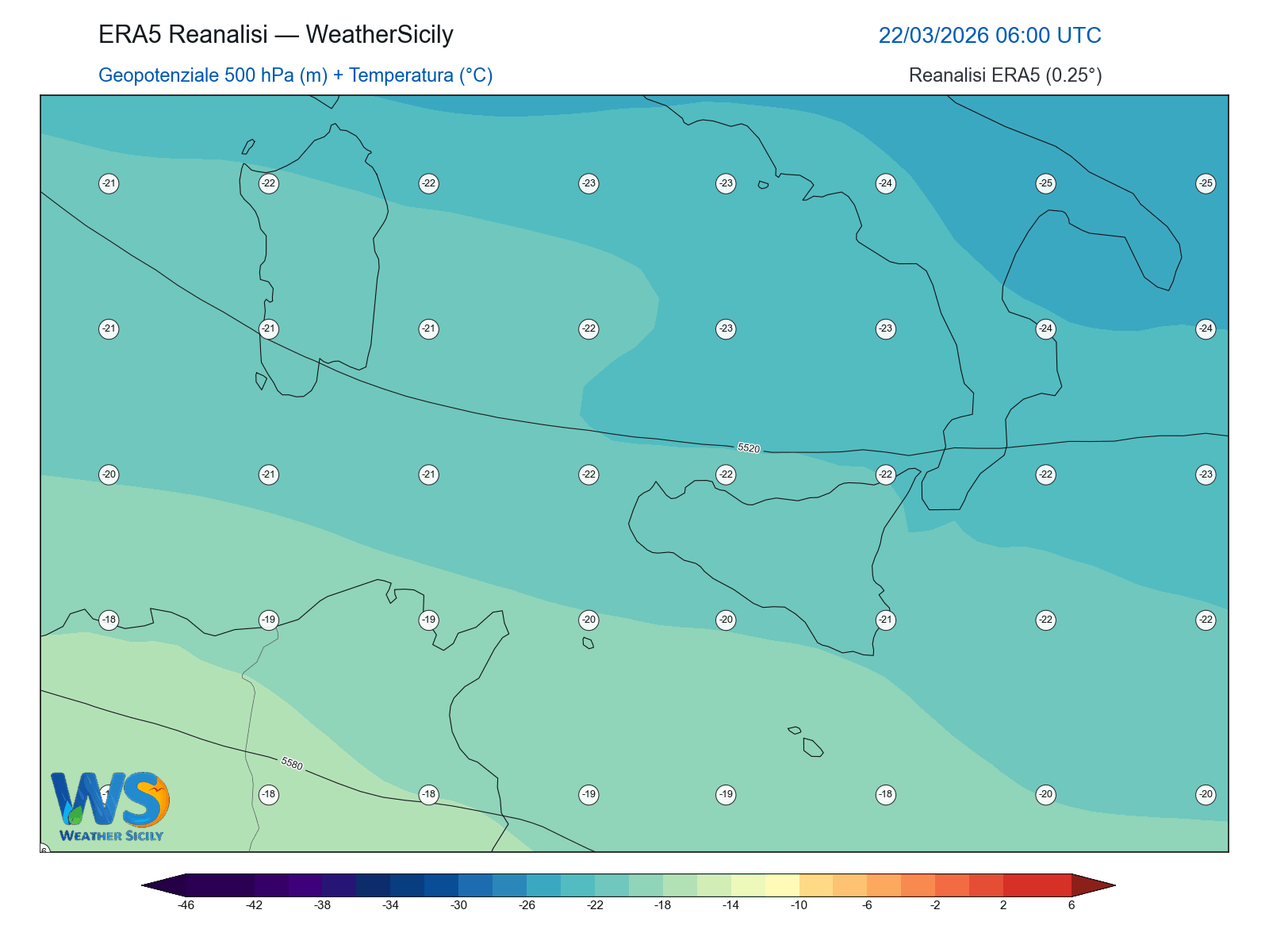 Geopotenziale 500 hPa + Temperatura · 2026032206