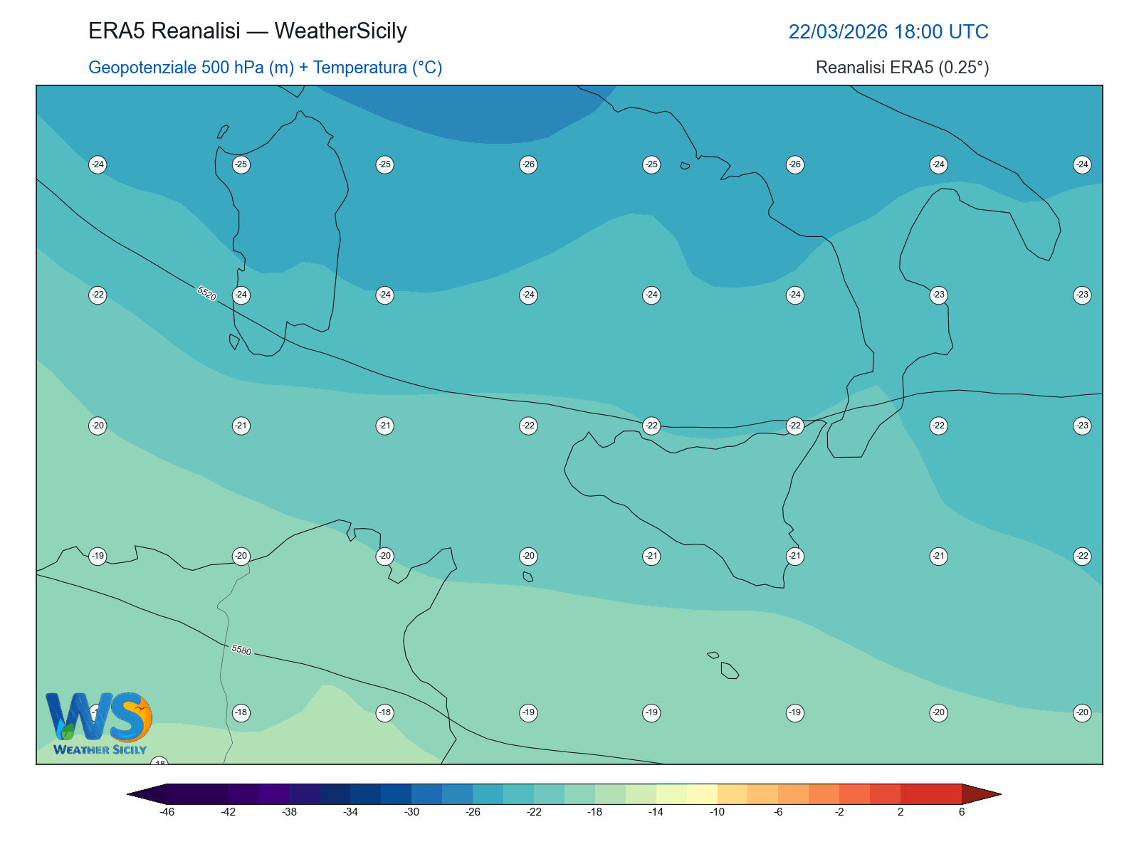 Geopotenziale 500 hPa + Temperatura · 2026032218