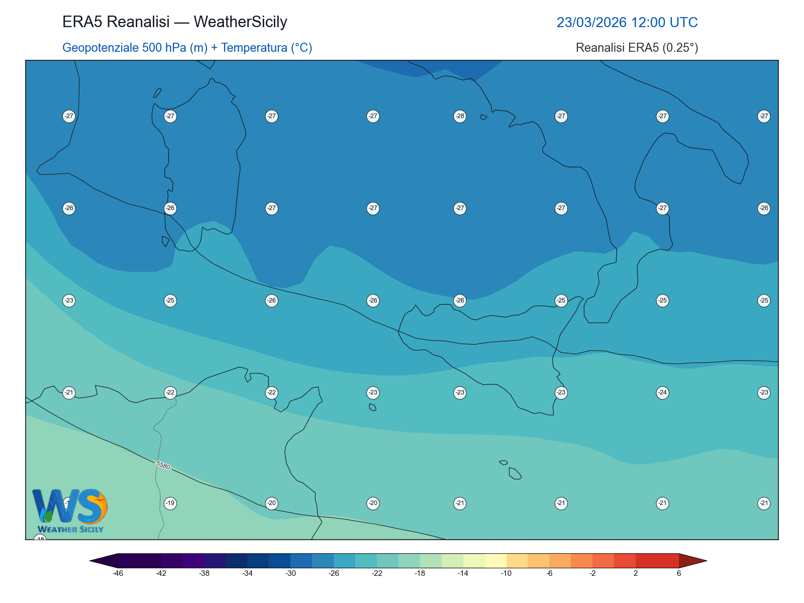 Geopotenziale 500 hPa + Temperatura · 2026032312