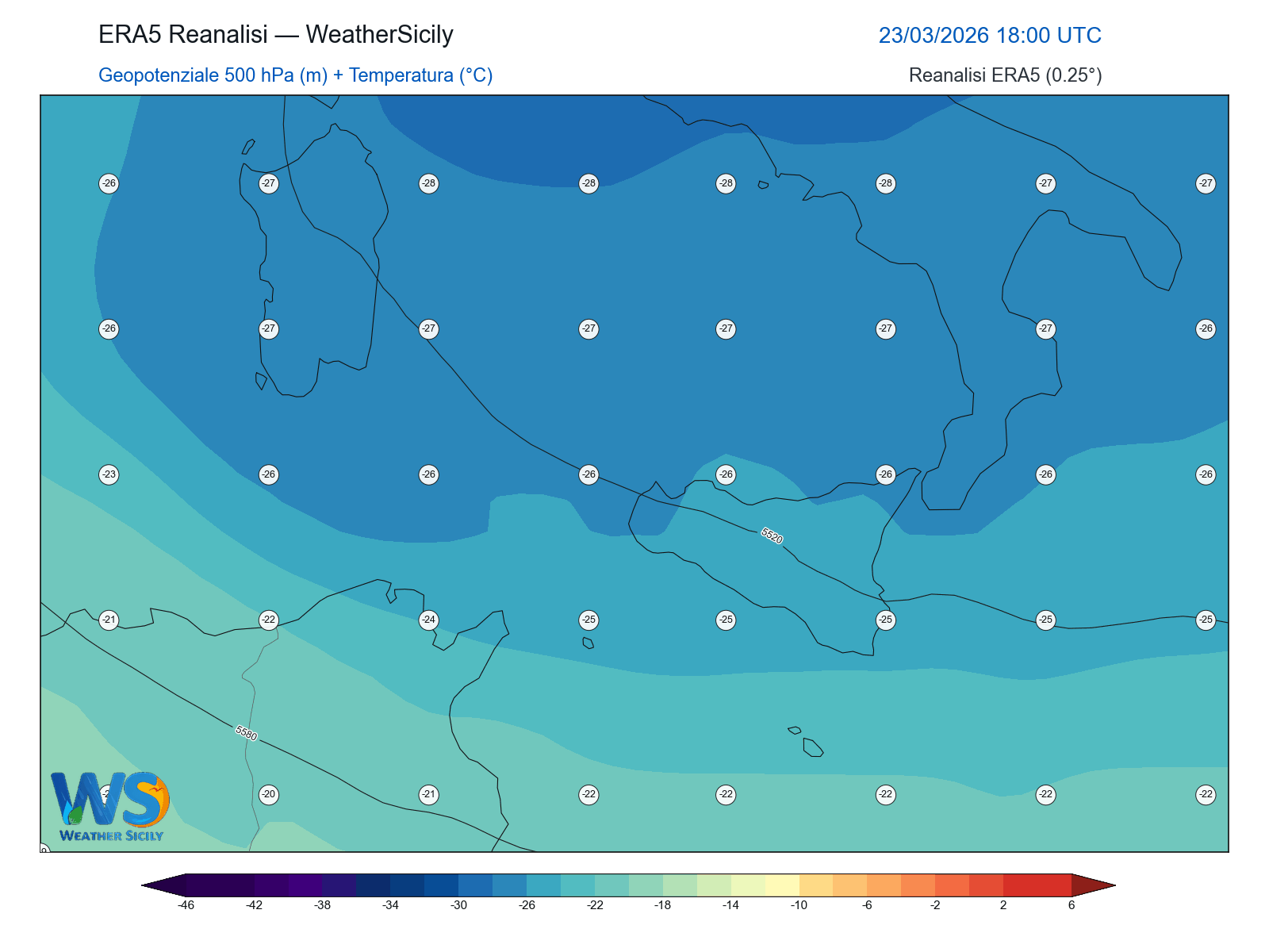 Geopotenziale 500 hPa + Temperatura · 2026032318