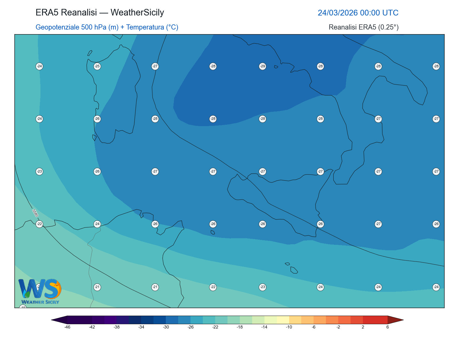 Geopotenziale 500 hPa + Temperatura · 2026032400