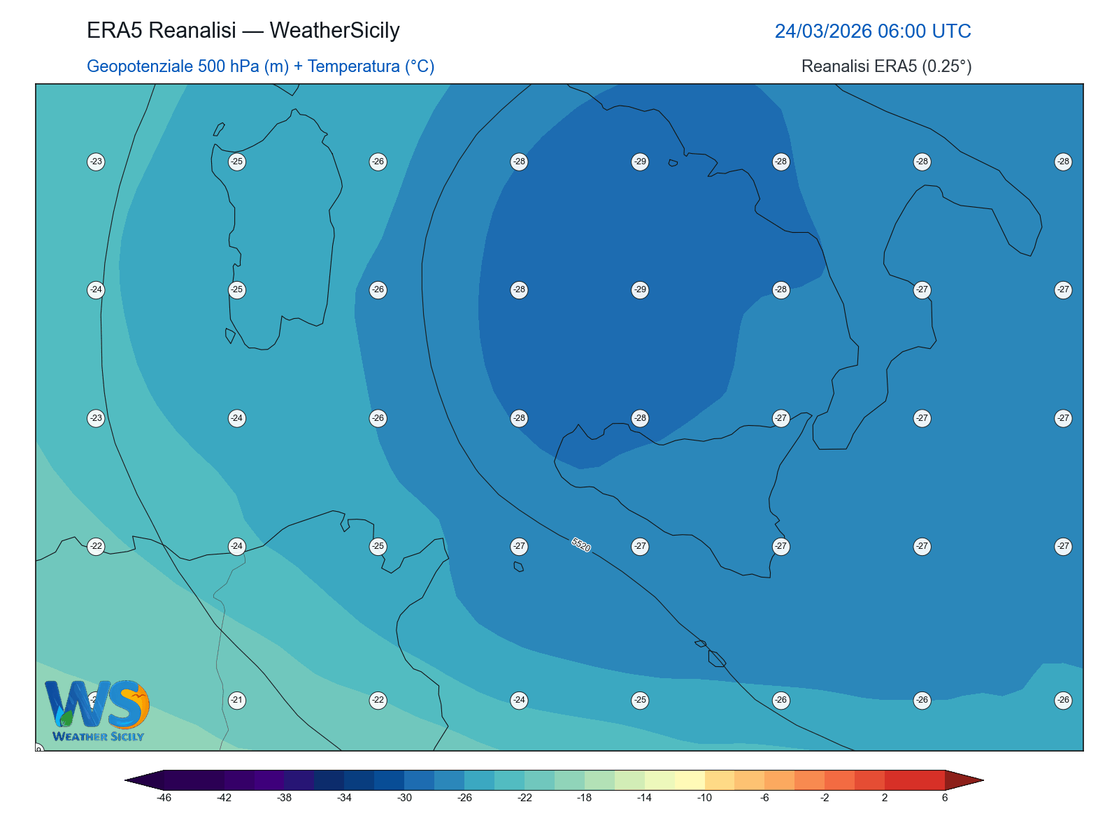 Geopotenziale 500 hPa + Temperatura · 2026032406