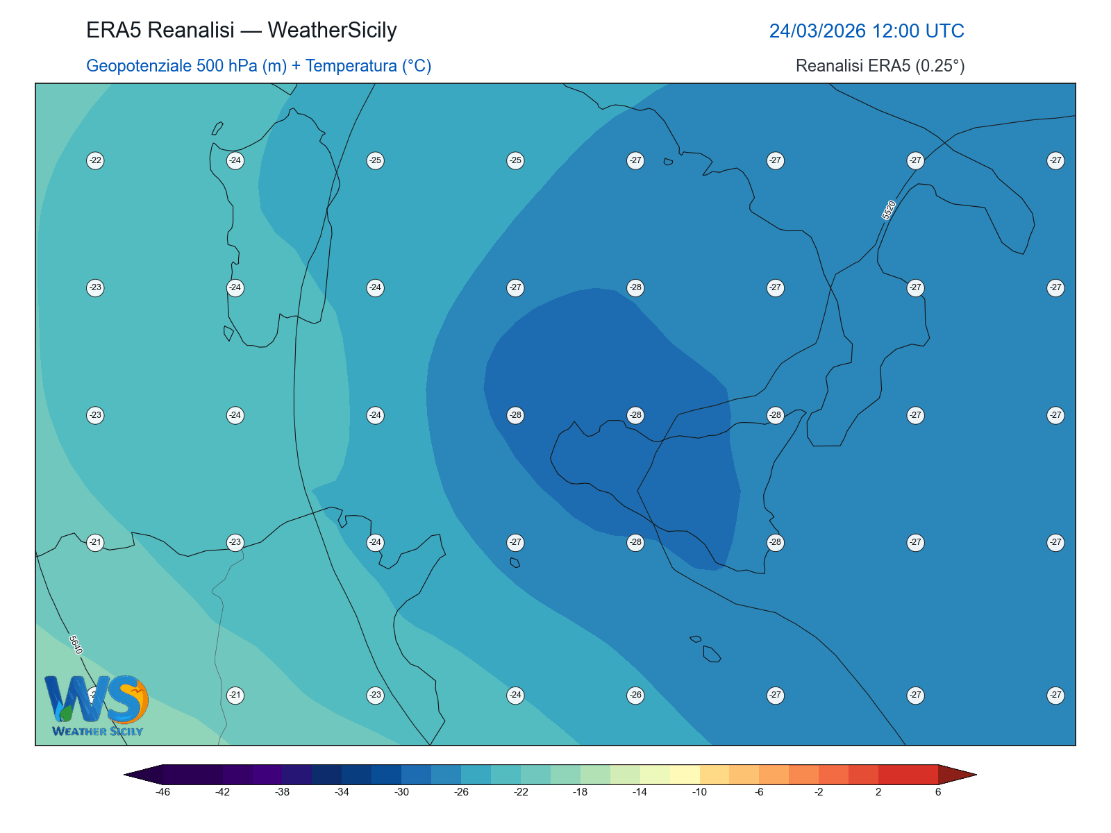 Geopotenziale 500 hPa + Temperatura · 2026032412
