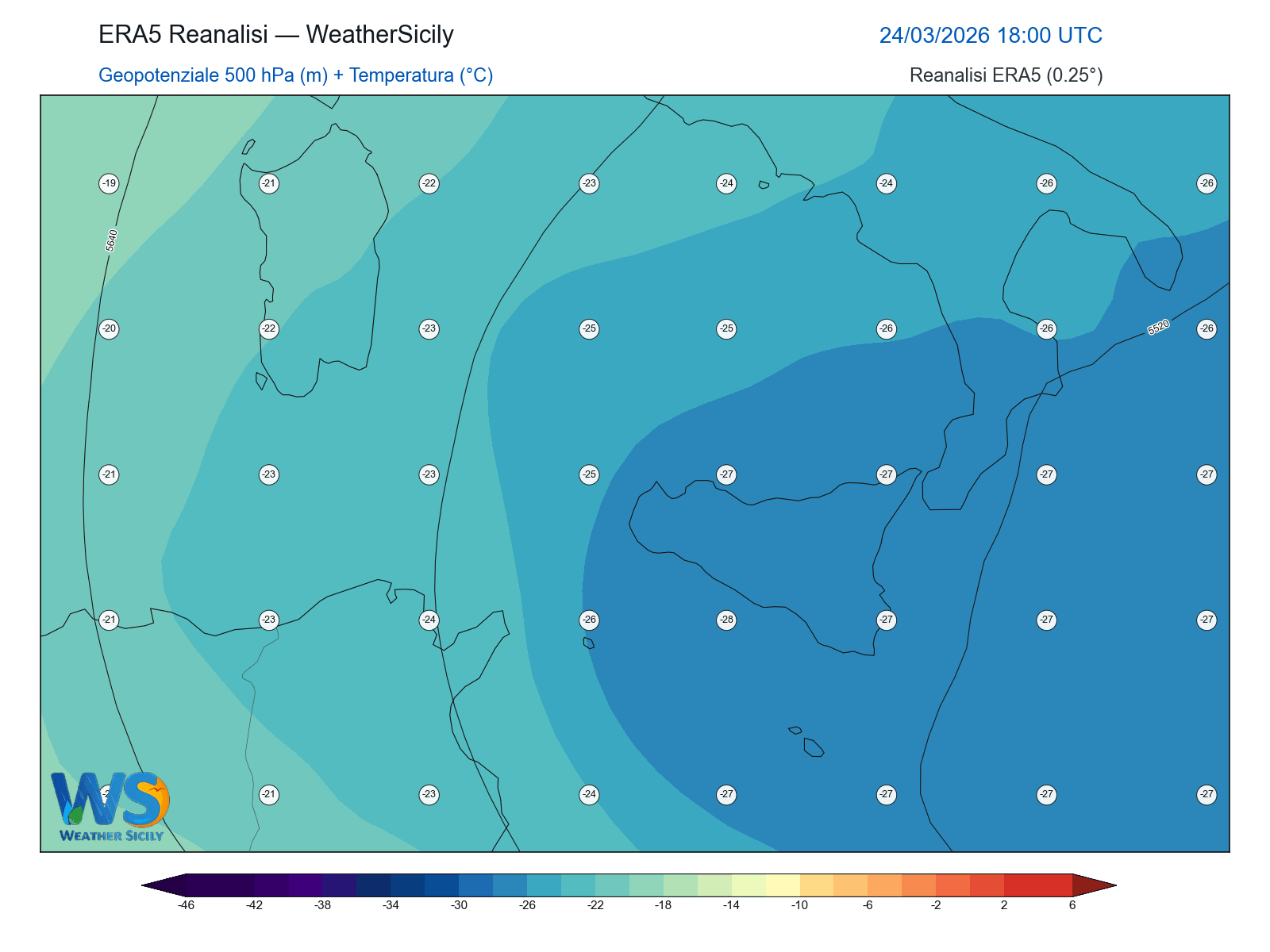 Geopotenziale 500 hPa + Temperatura · 2026032418