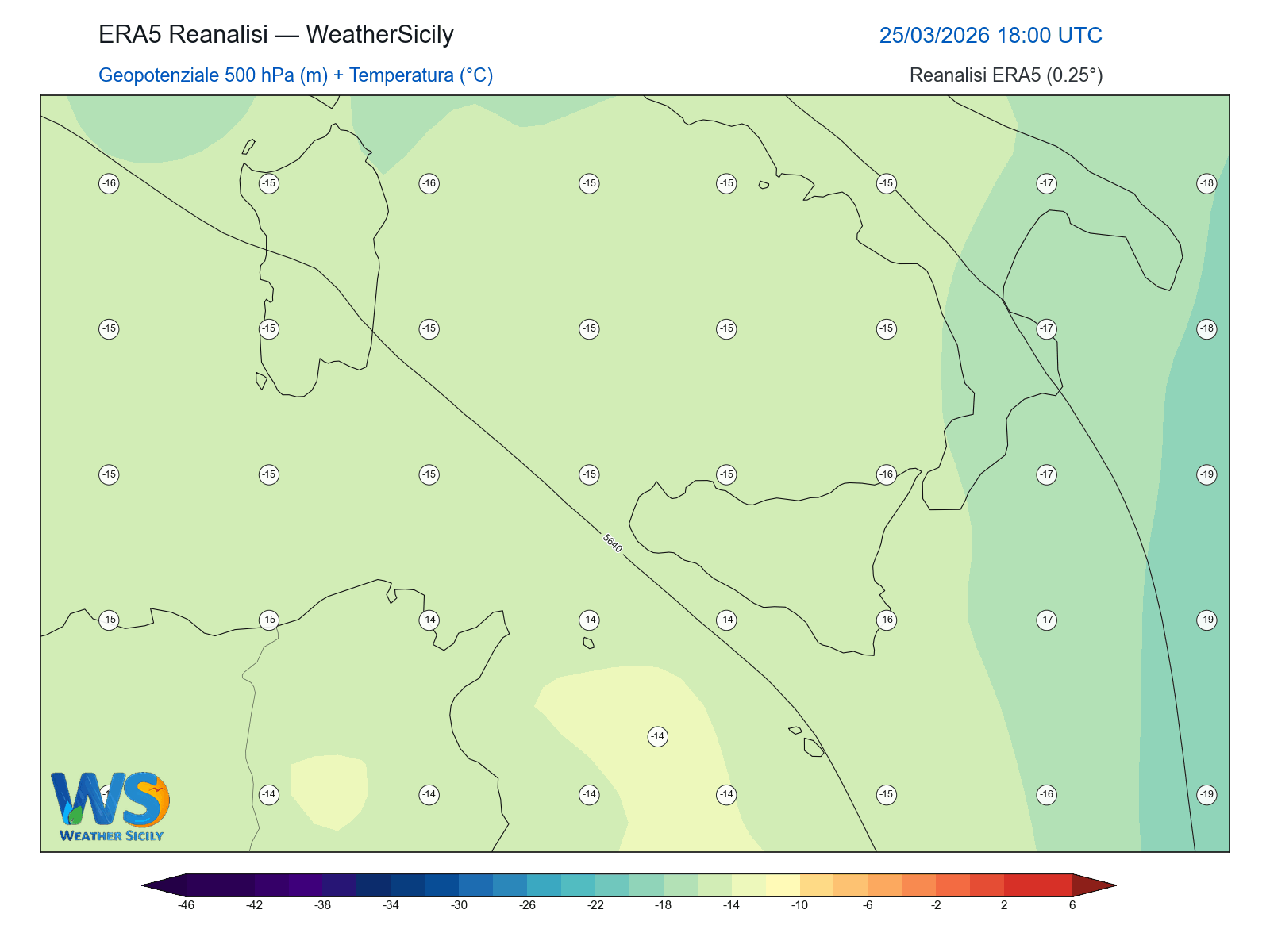 Geopotenziale 500 hPa + Temperatura · 2026032518