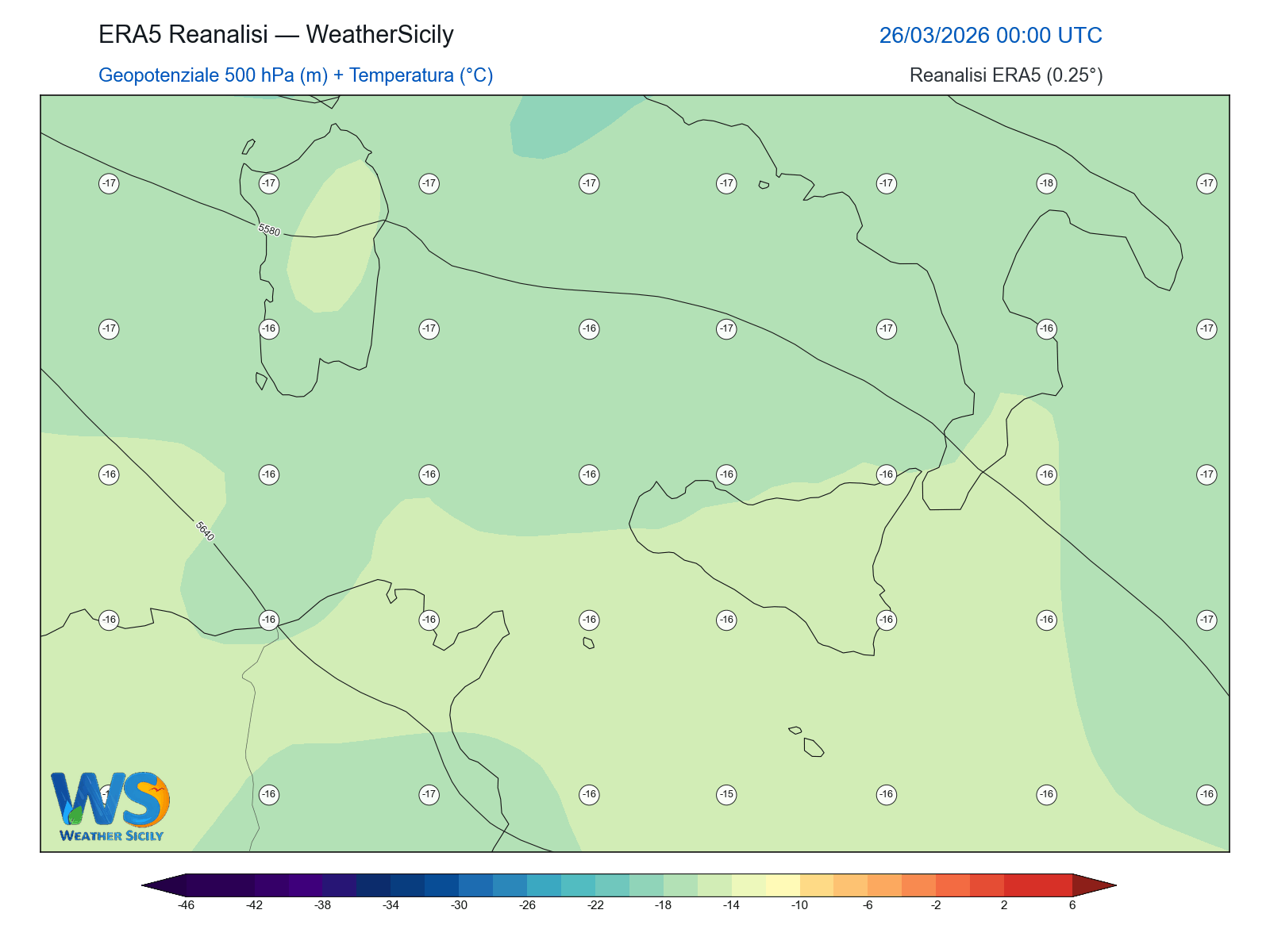 Geopotenziale 500 hPa + Temperatura · 2026032600