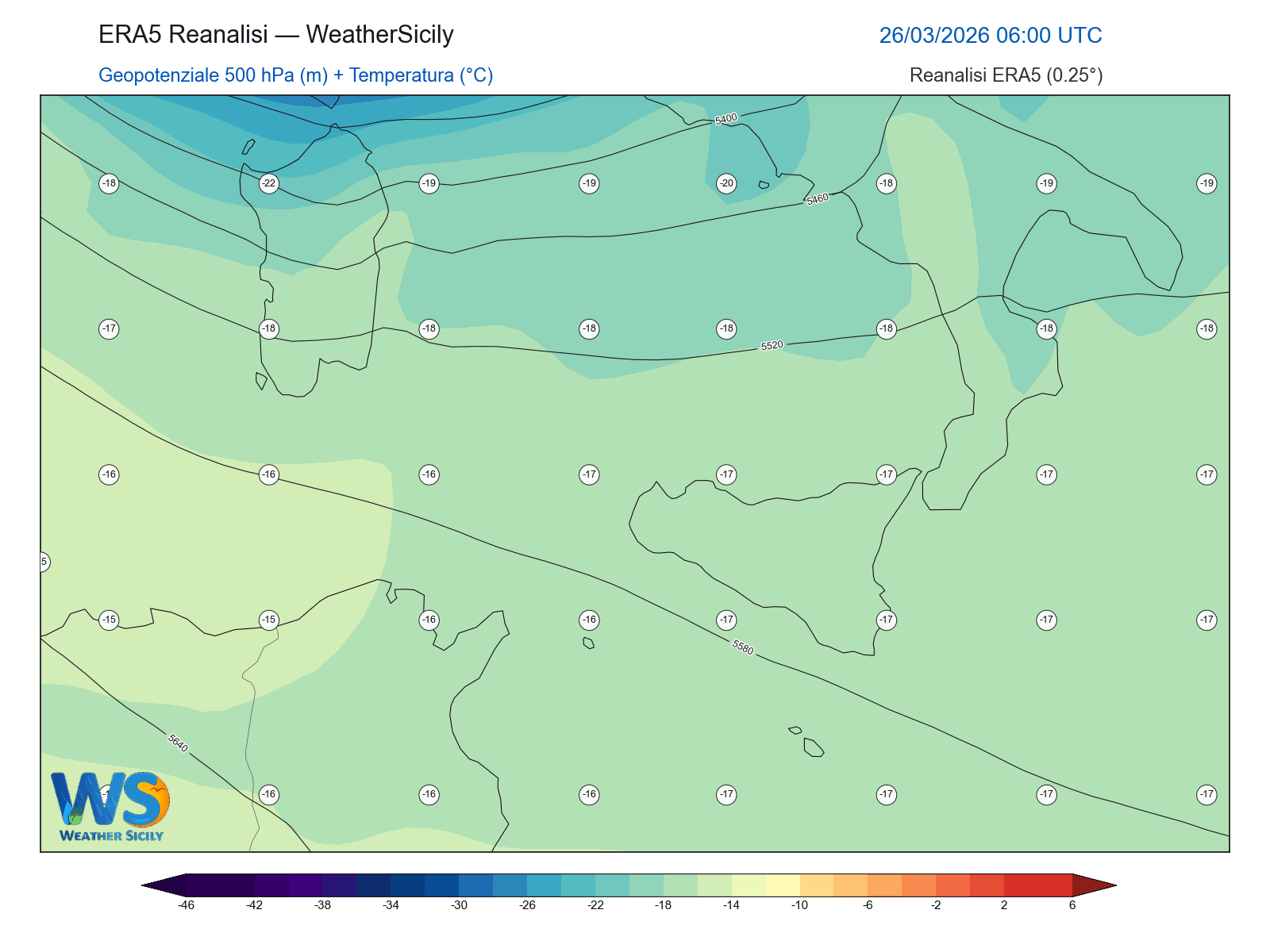 Geopotenziale 500 hPa + Temperatura · 2026032606