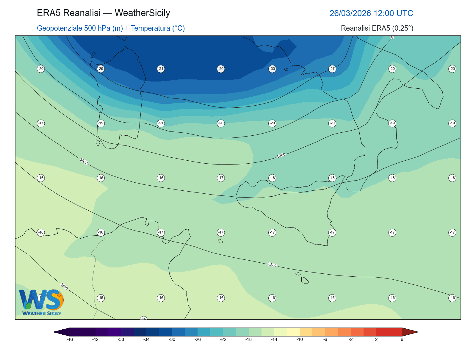 Geopotenziale 500 hPa + Temperatura · 2026032612