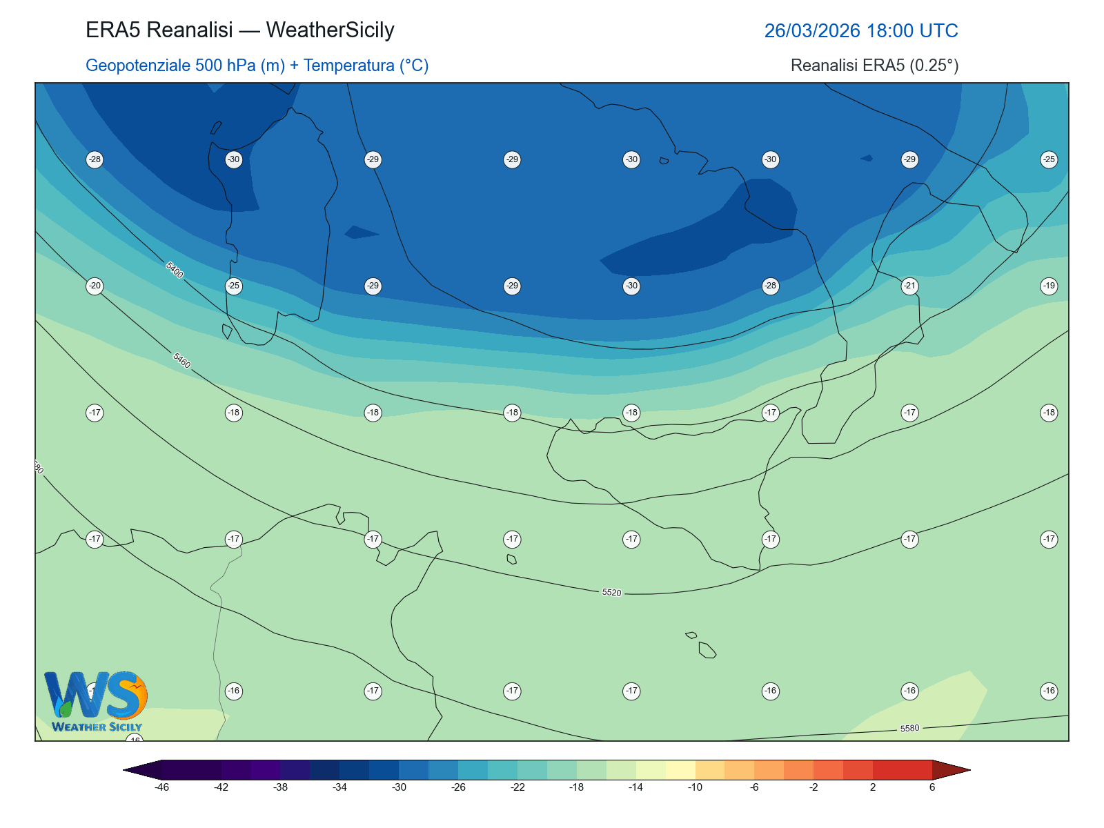Geopotenziale 500 hPa + Temperatura · 2026032618