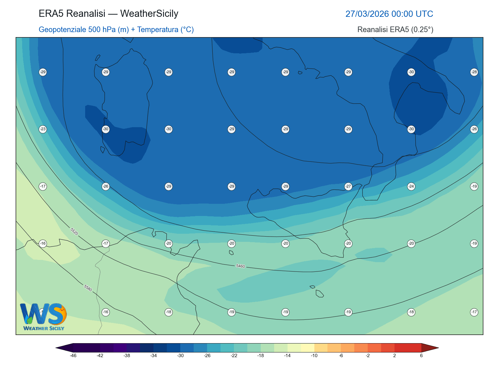 Geopotenziale 500 hPa + Temperatura · 2026032700