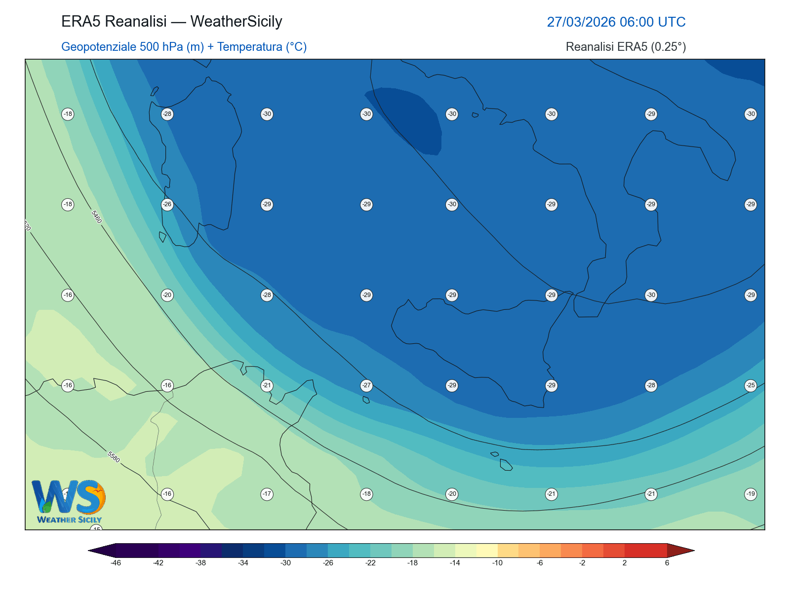 Geopotenziale 500 hPa + Temperatura · 2026032706