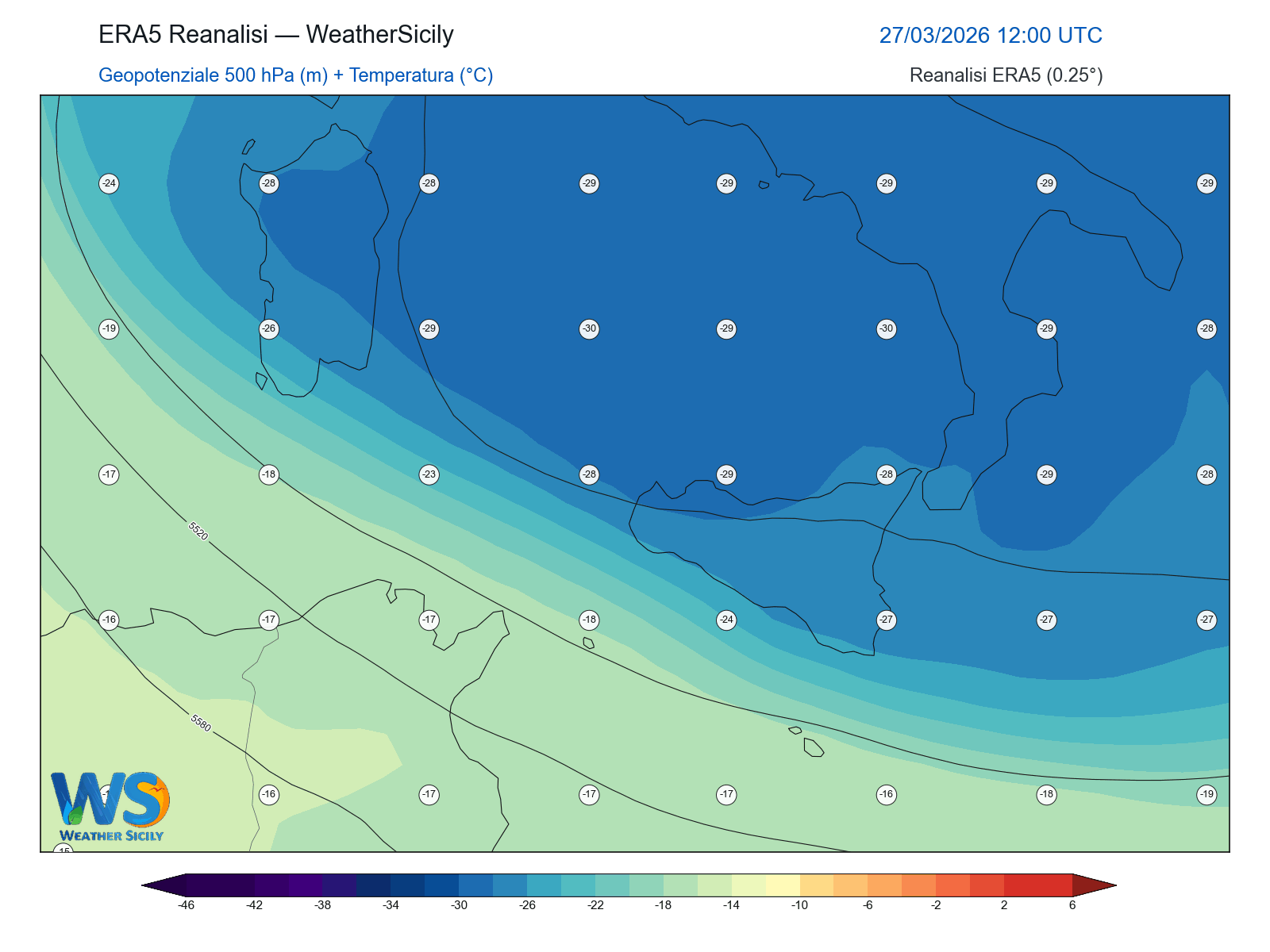 Geopotenziale 500 hPa + Temperatura · 2026032712