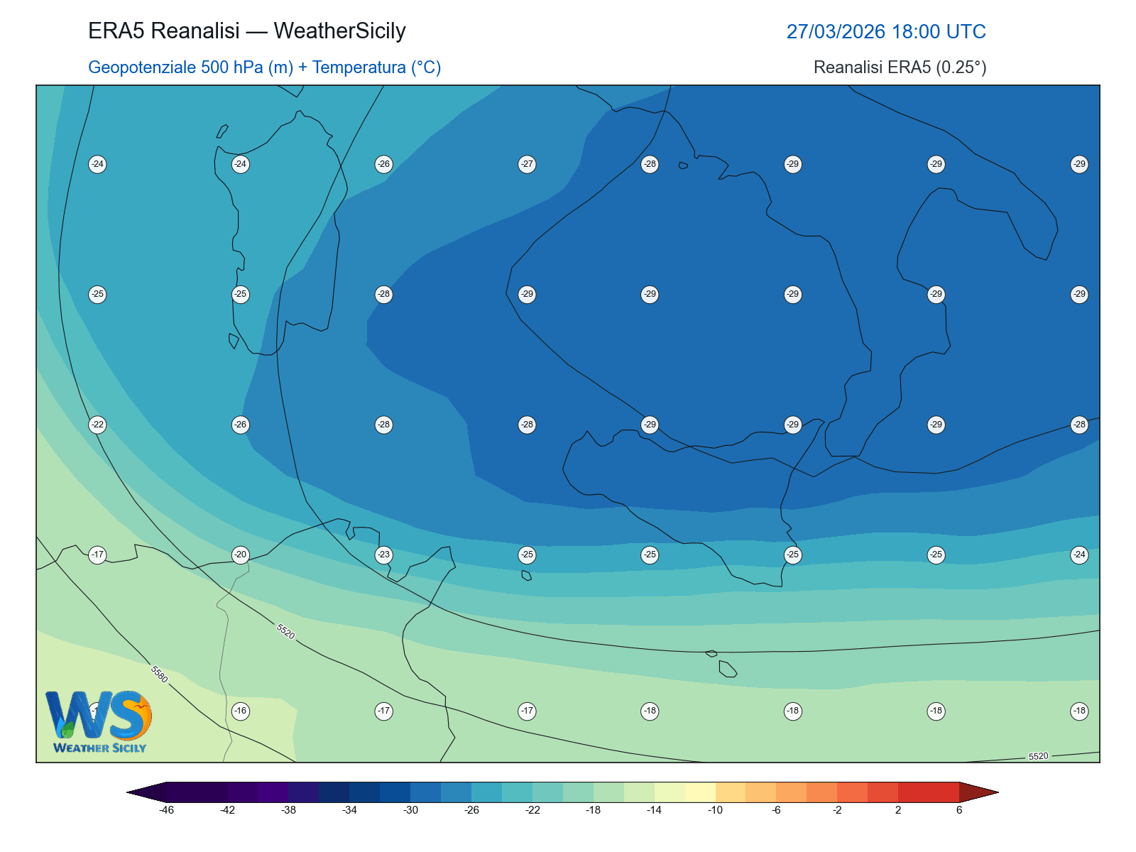 Geopotenziale 500 hPa + Temperatura · 2026032718