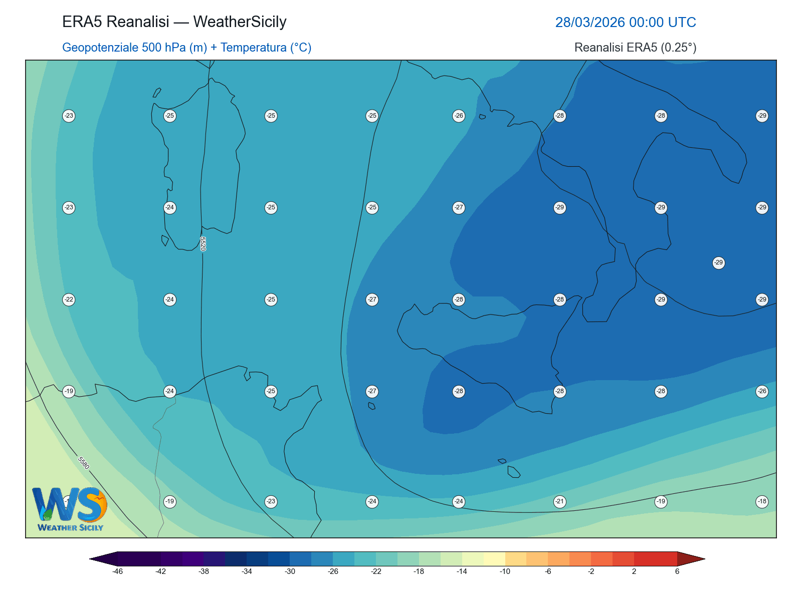 Geopotenziale 500 hPa + Temperatura · 2026032800