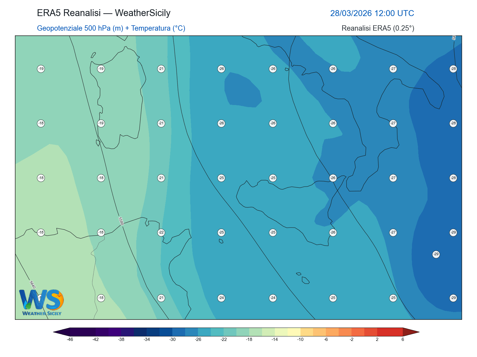 Geopotenziale 500 hPa + Temperatura · 2026032812