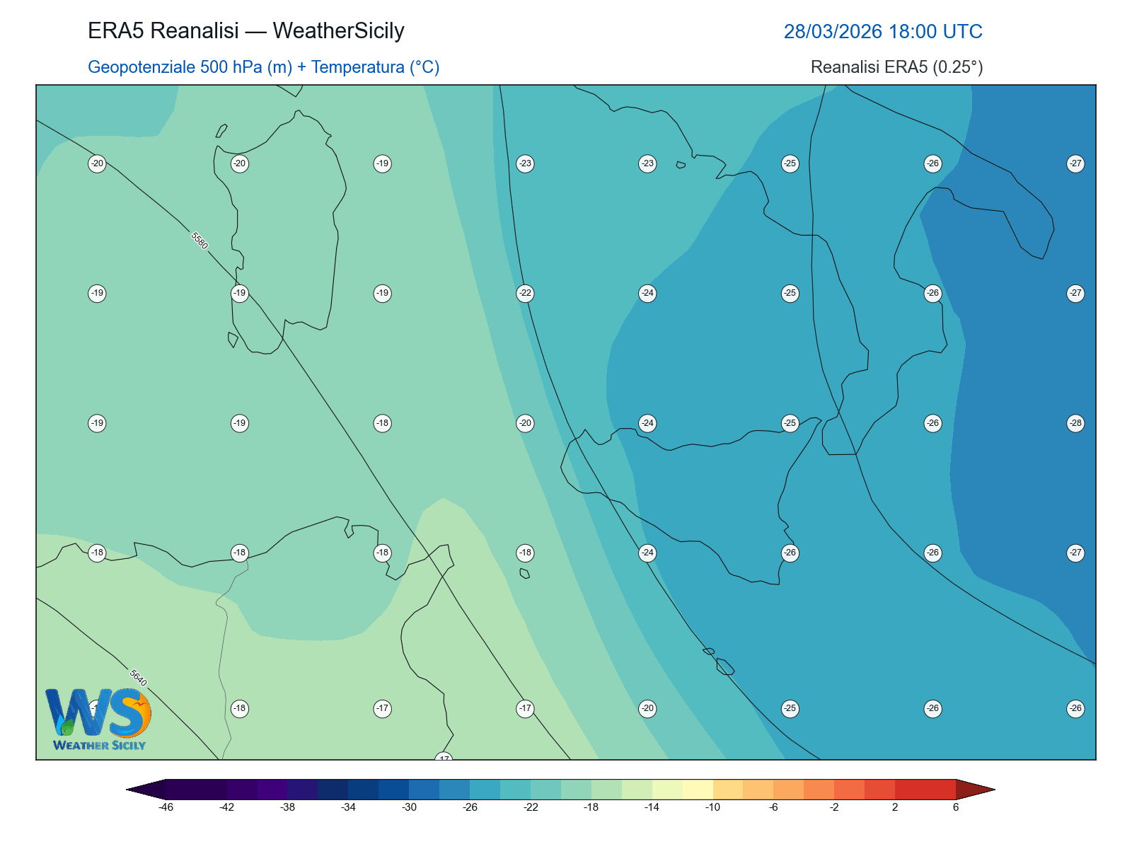 Geopotenziale 500 hPa + Temperatura · 2026032818