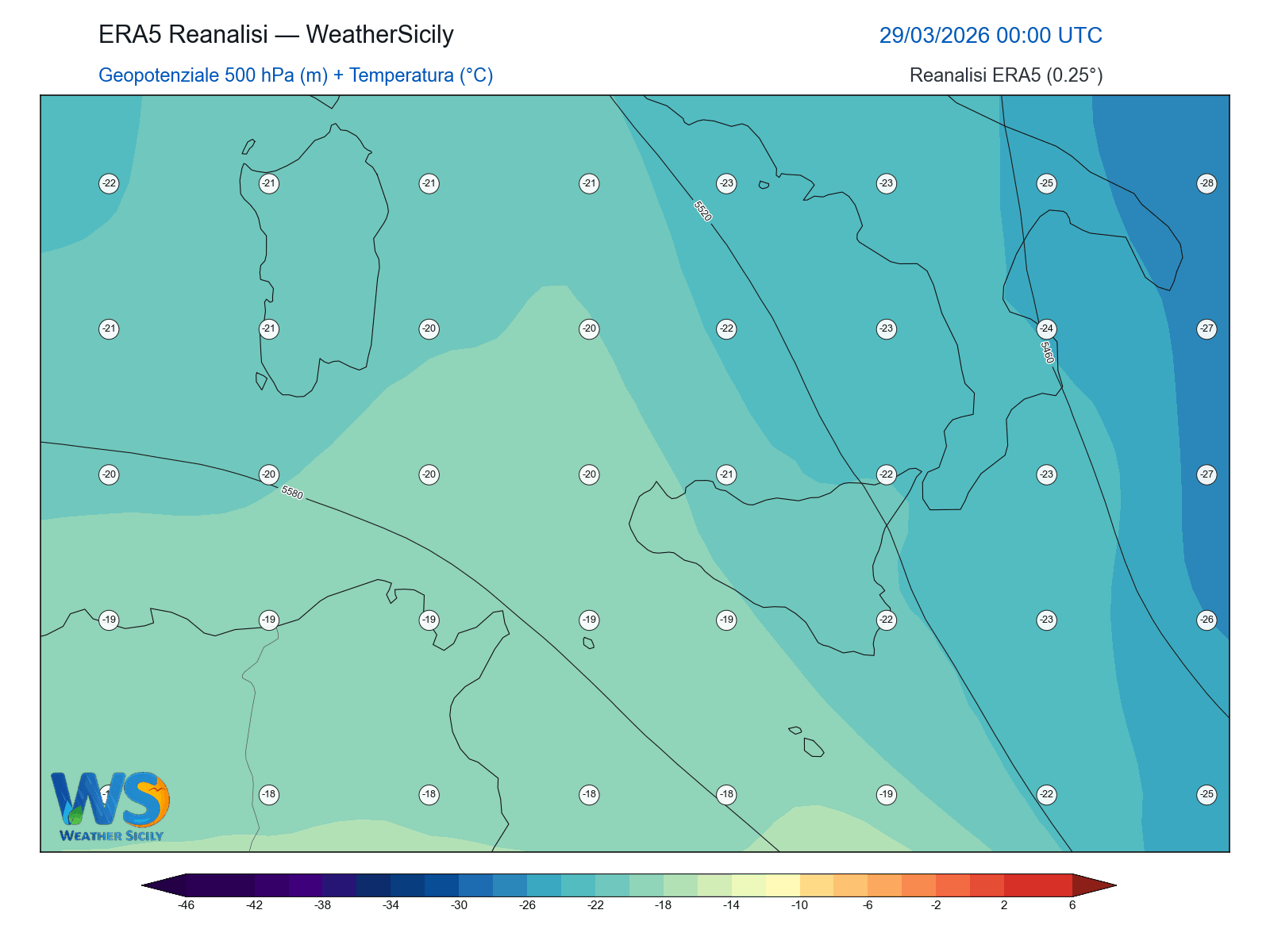 Geopotenziale 500 hPa + Temperatura · 2026032900