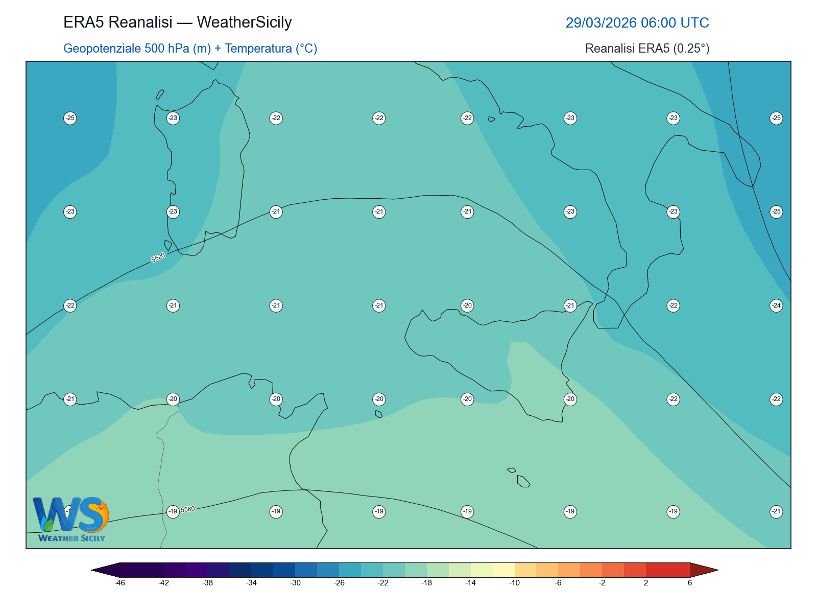 Geopotenziale 500 hPa + Temperatura · 2026032906