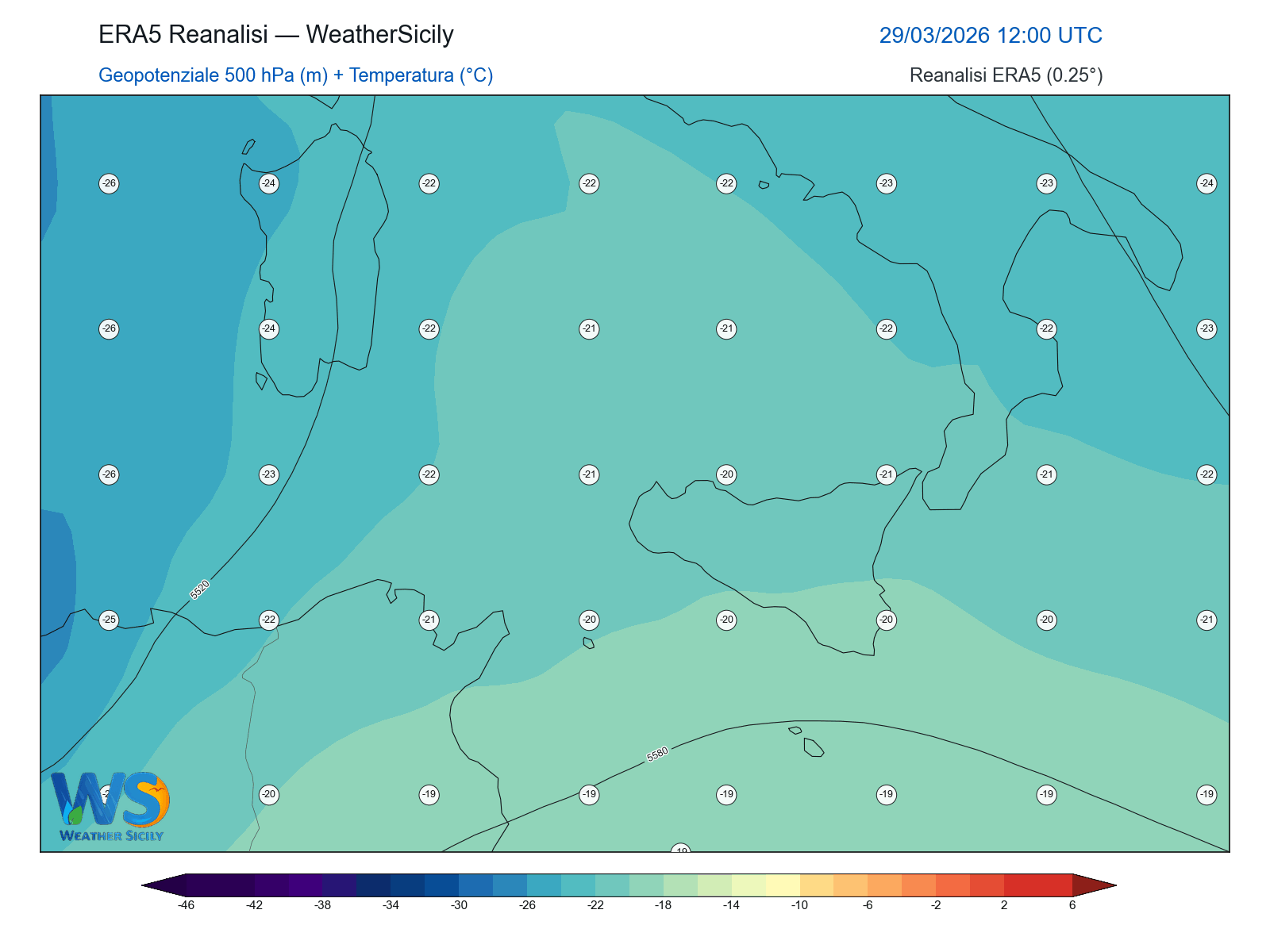 Geopotenziale 500 hPa + Temperatura · 2026032912