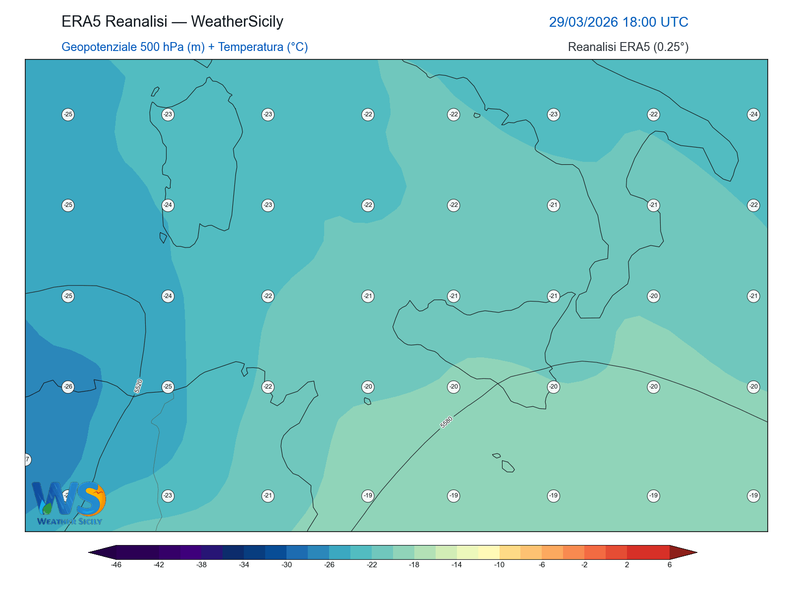 Geopotenziale 500 hPa + Temperatura · 2026032918