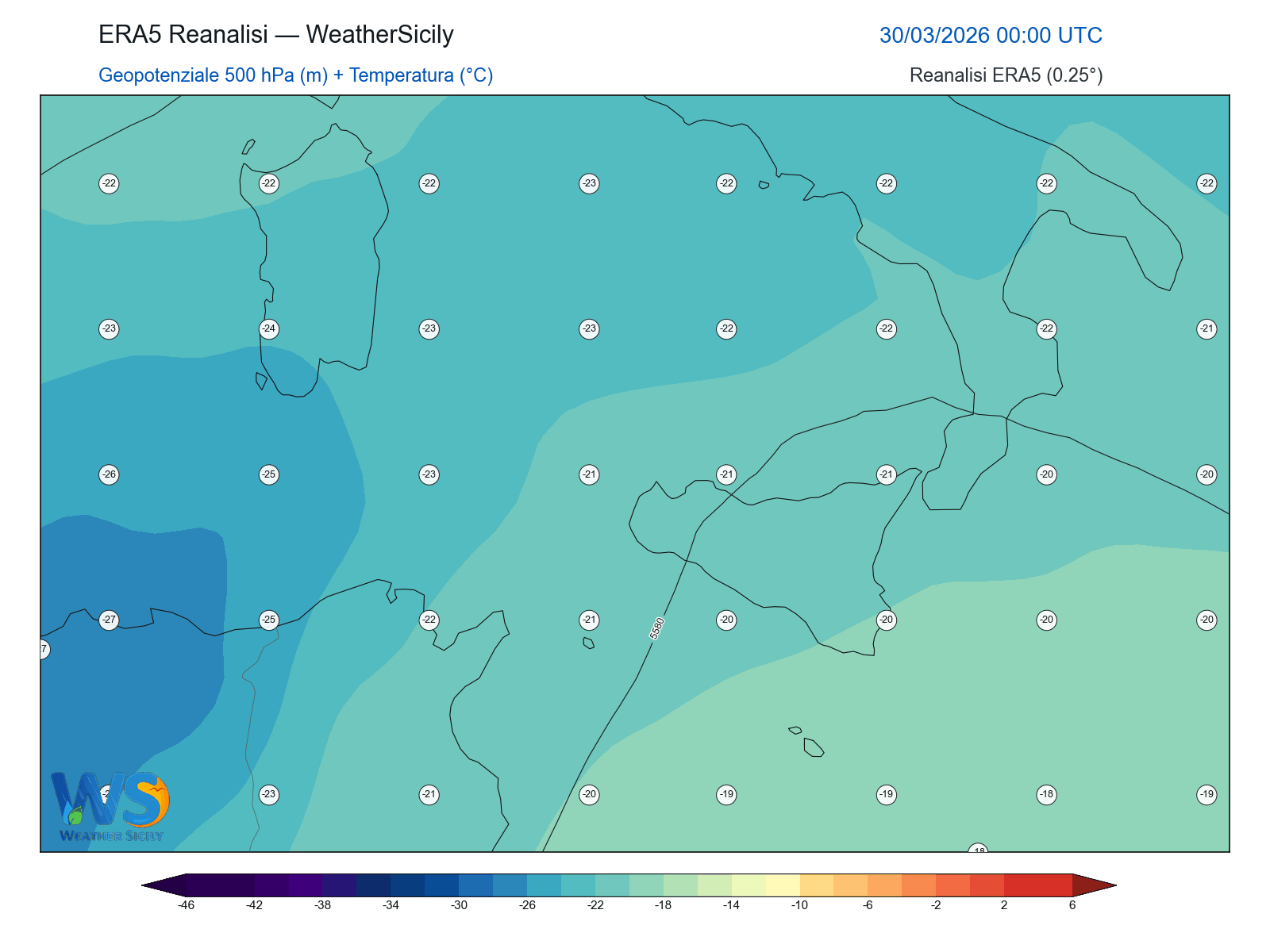 Geopotenziale 500 hPa + Temperatura · 2026033000