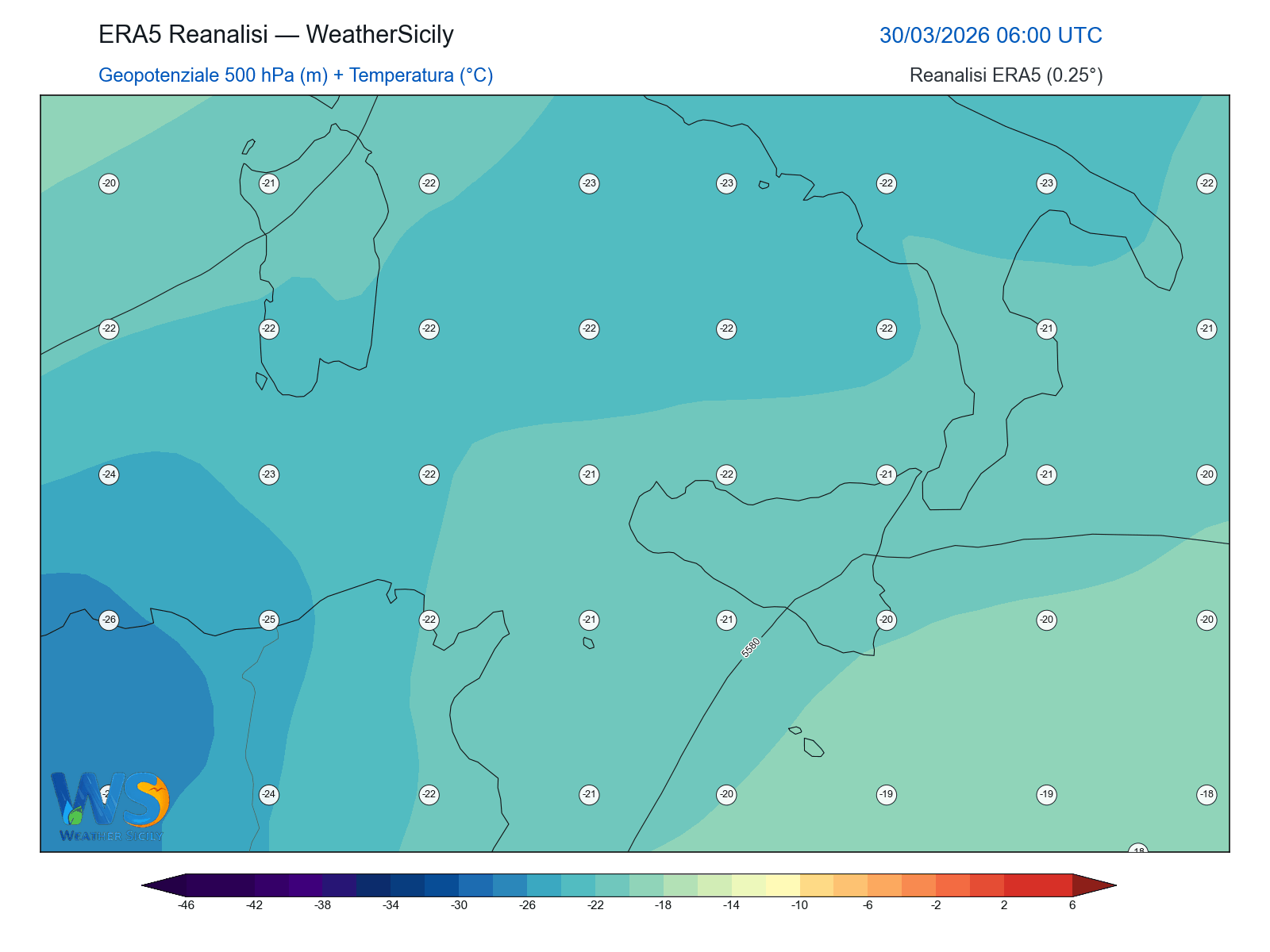 Geopotenziale 500 hPa + Temperatura · 2026033006