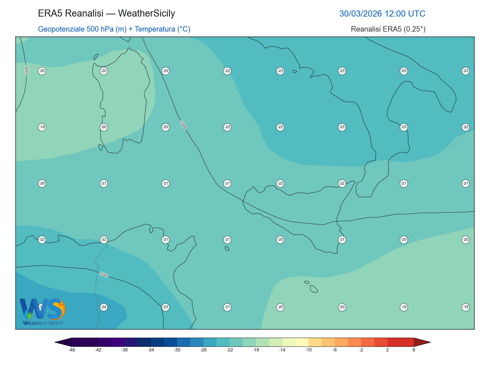 Geopotenziale 500 hPa + Temperatura · 2026033012