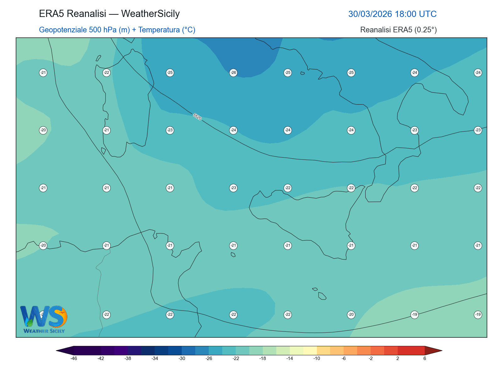 Geopotenziale 500 hPa + Temperatura · 2026033018