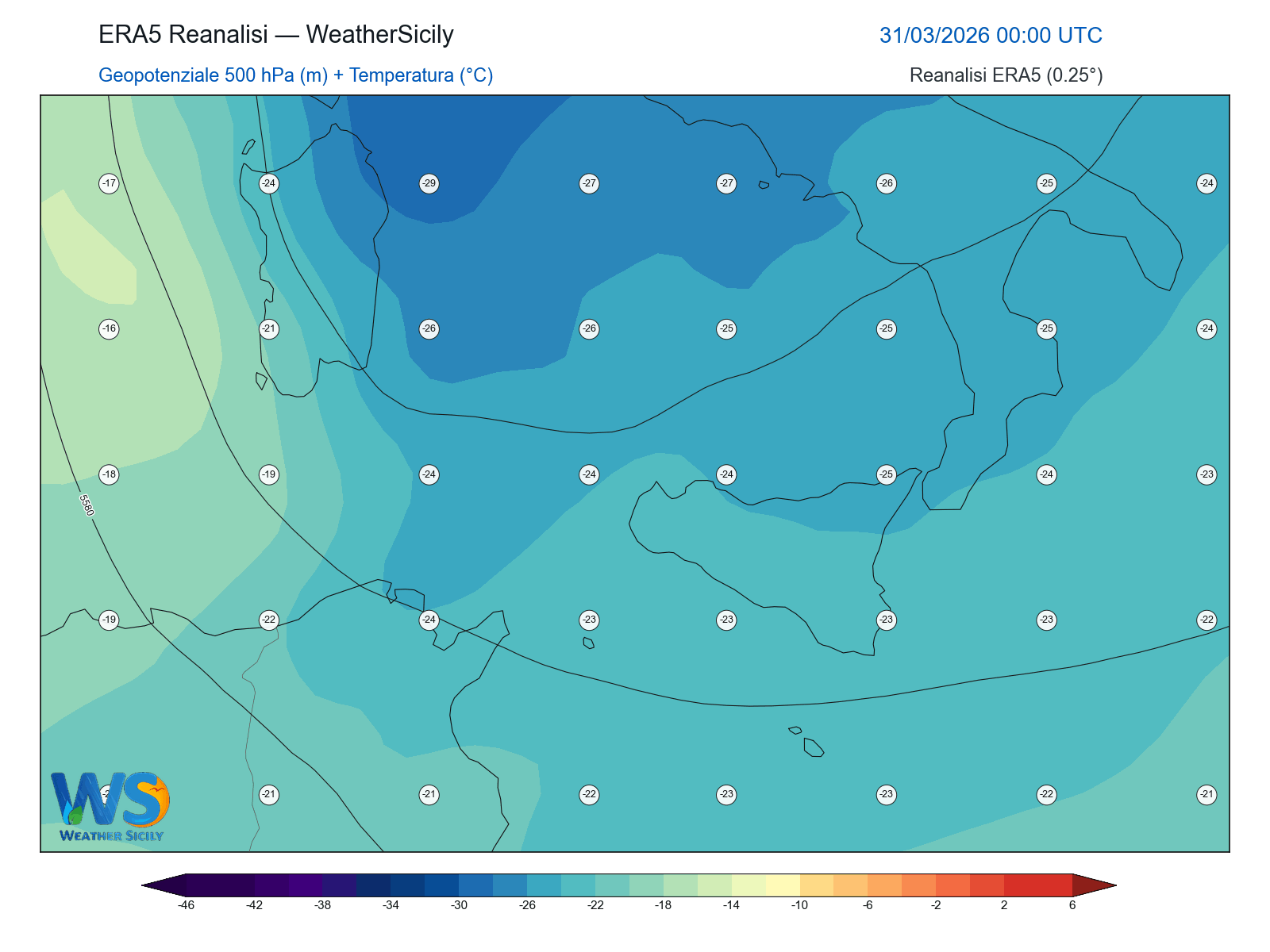 Geopotenziale 500 hPa + Temperatura · 2026033100