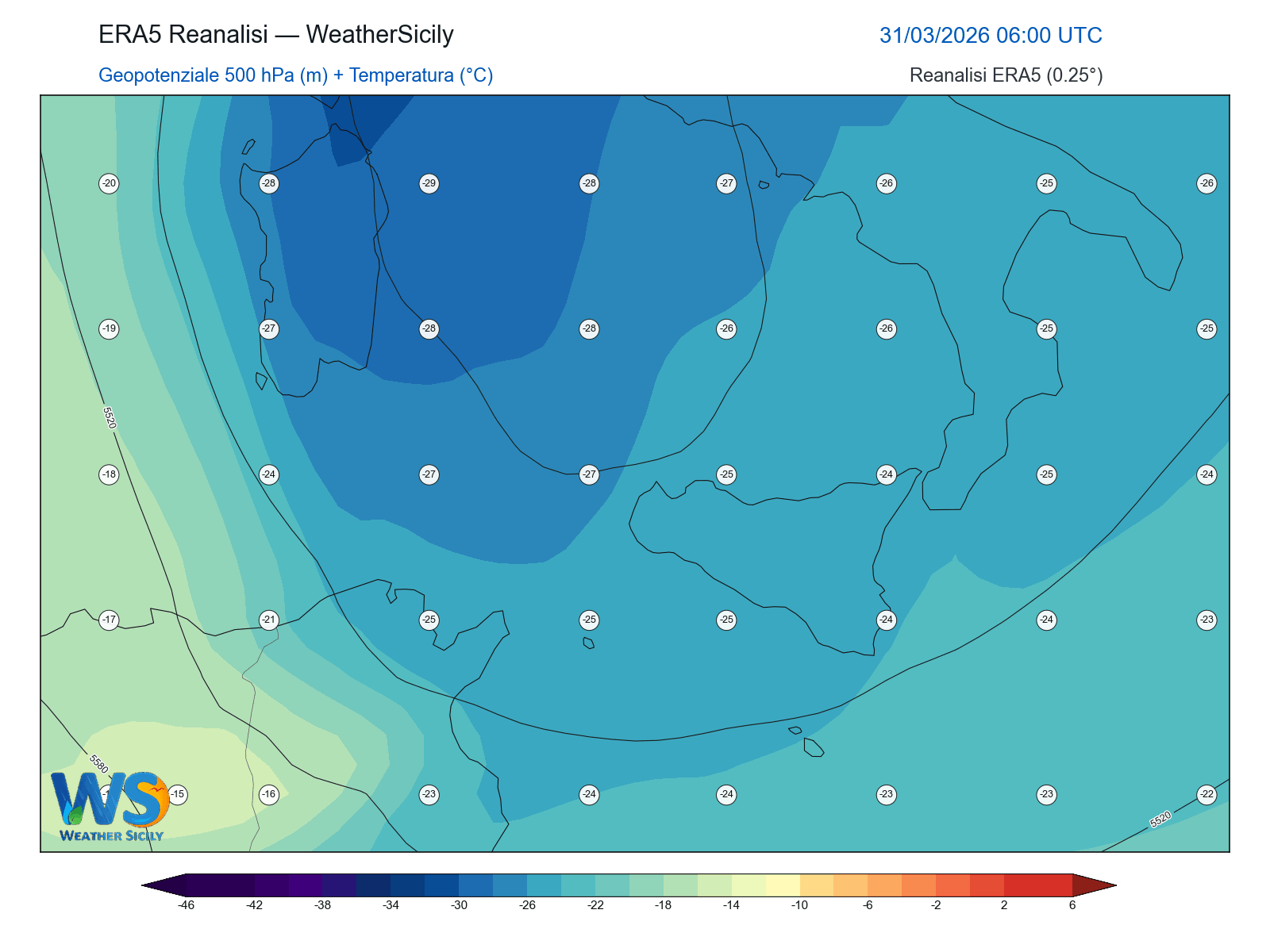 Geopotenziale 500 hPa + Temperatura · 2026033106