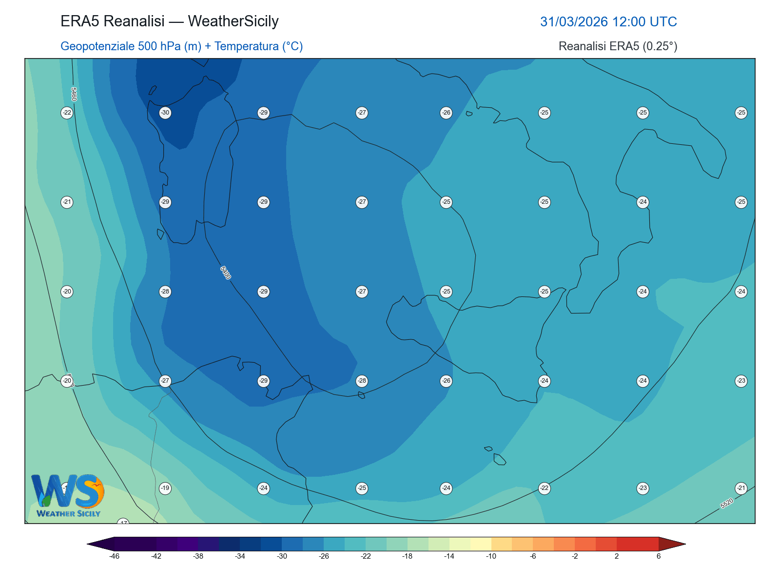 Geopotenziale 500 hPa + Temperatura · 2026033112