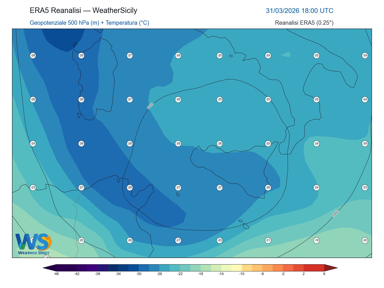 Geopotenziale 500 hPa + Temperatura · 2026033118