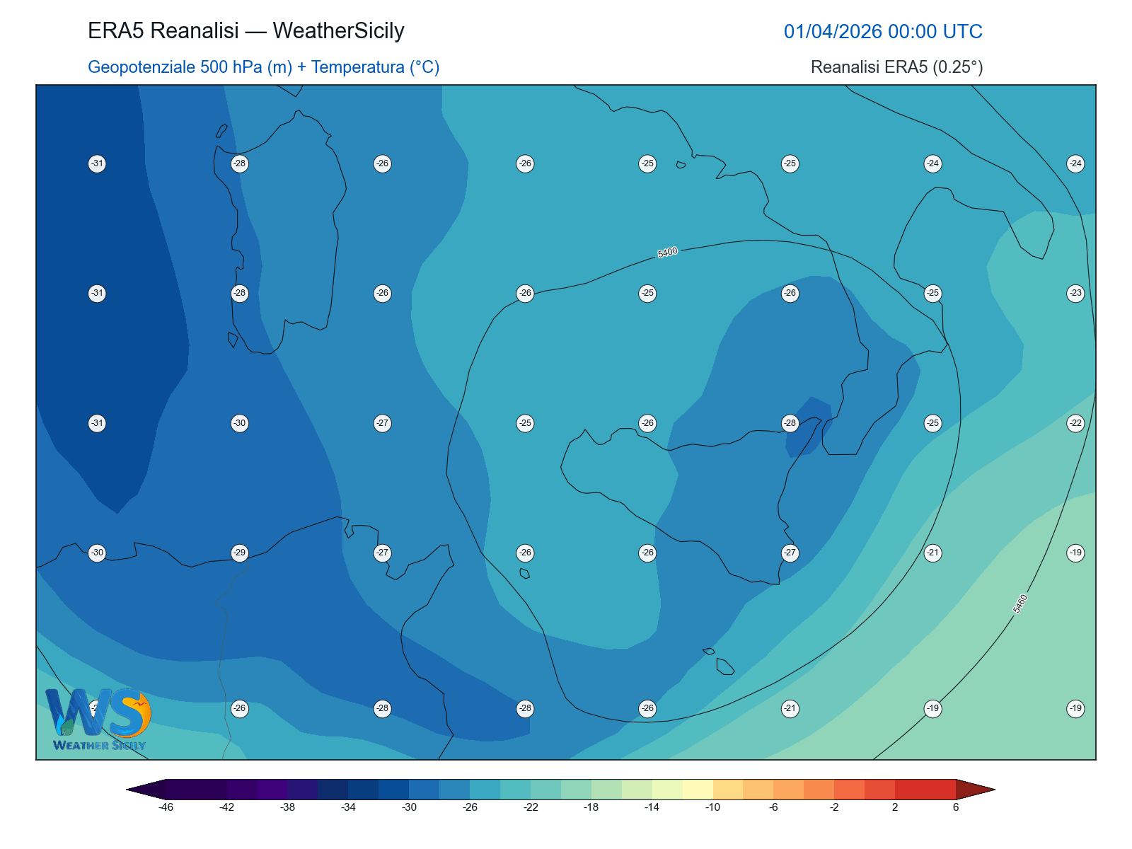 Geopotenziale 500 hPa + Temperatura · 2026040100
