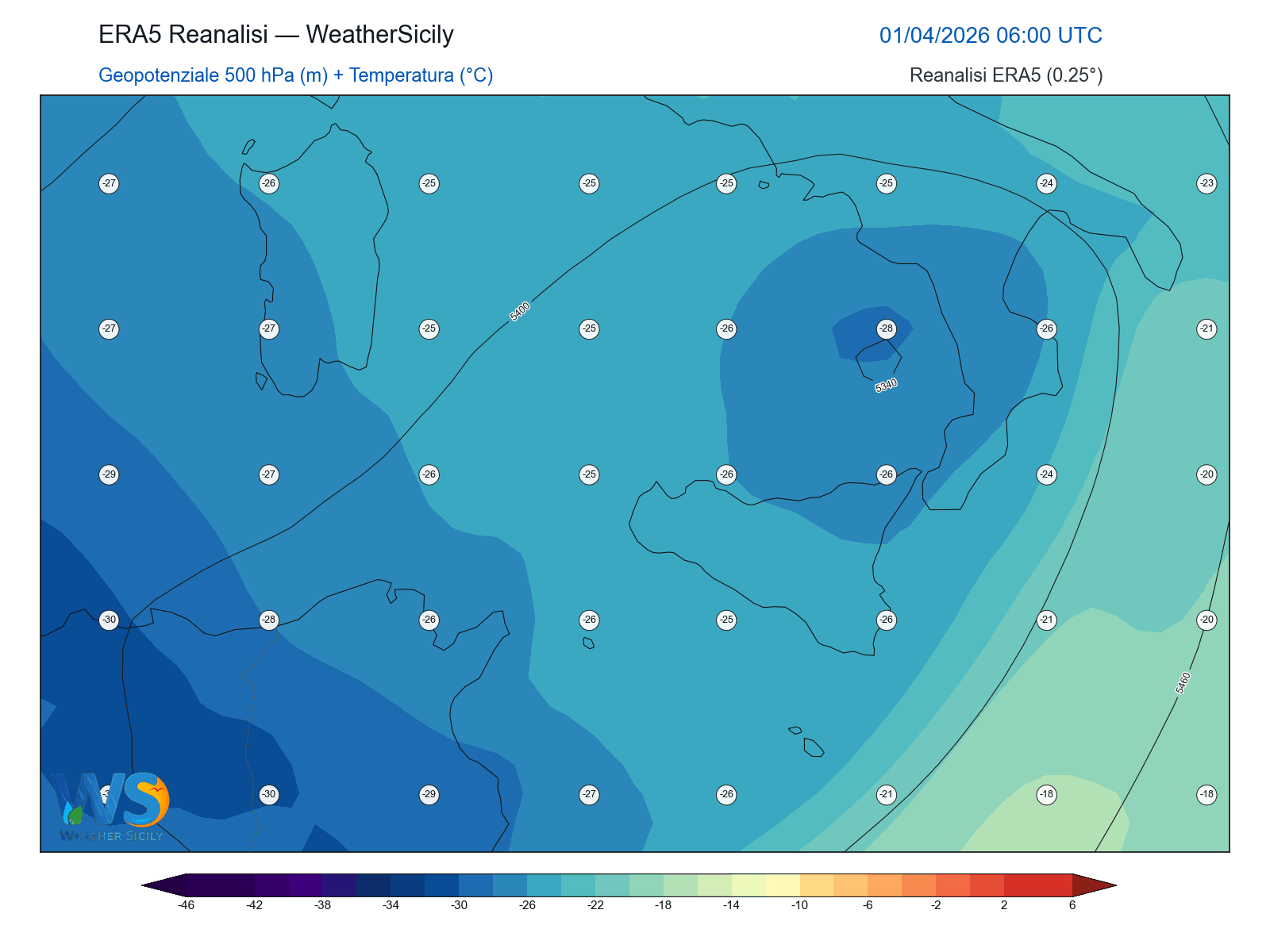 Geopotenziale 500 hPa + Temperatura · 2026040106