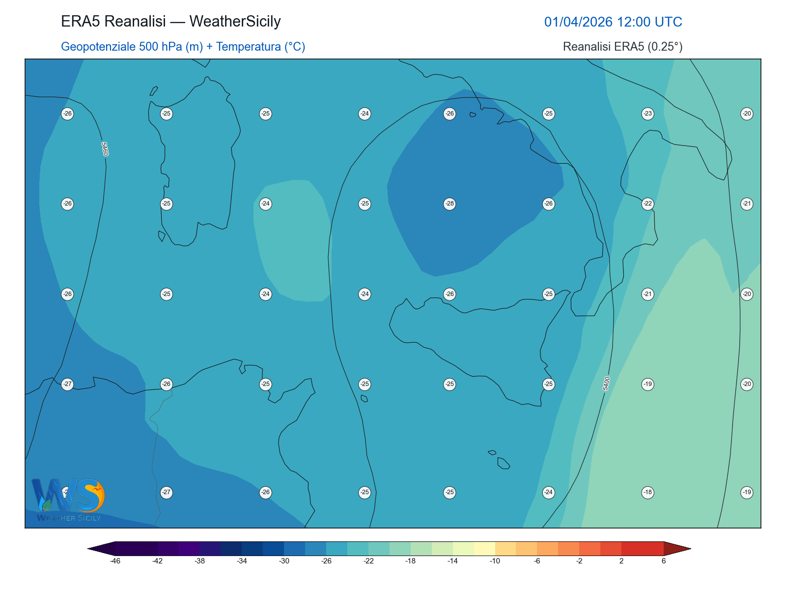 Geopotenziale 500 hPa + Temperatura · 2026040112