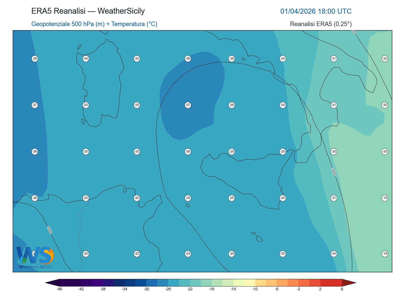 Geopotenziale 500 hPa + Temperatura · 2026040118