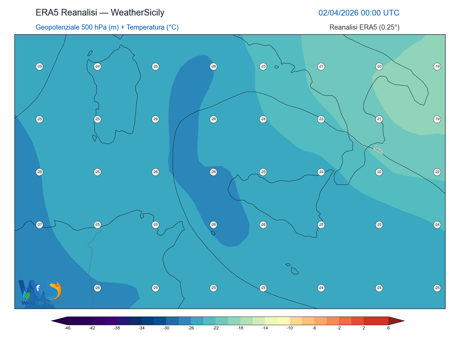 Geopotenziale 500 hPa + Temperatura · 2026040200