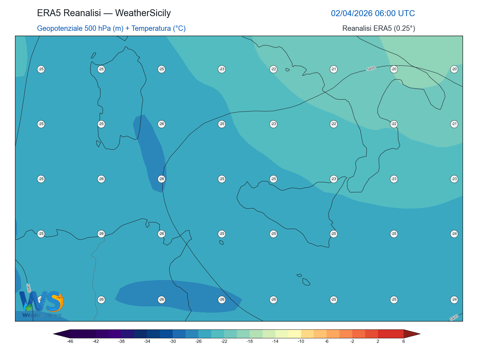 Geopotenziale 500 hPa + Temperatura · 2026040206