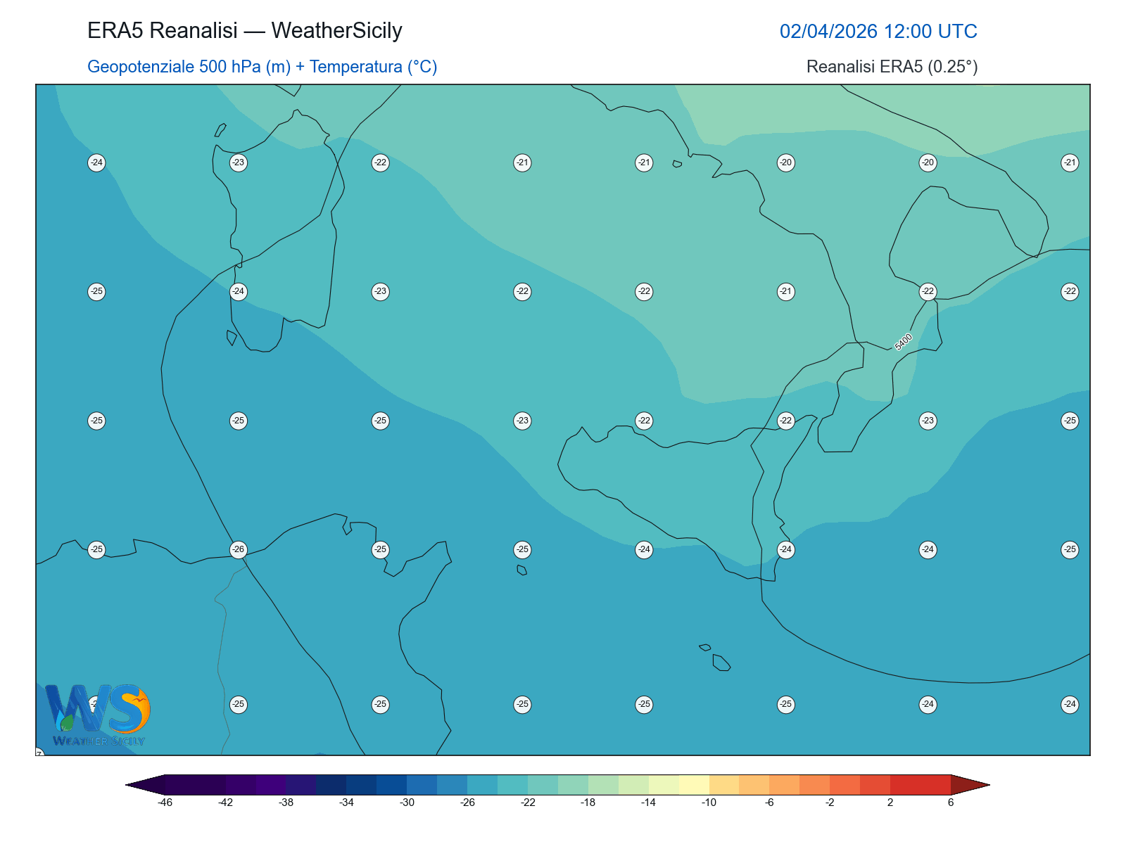 Geopotenziale 500 hPa + Temperatura · 2026040212