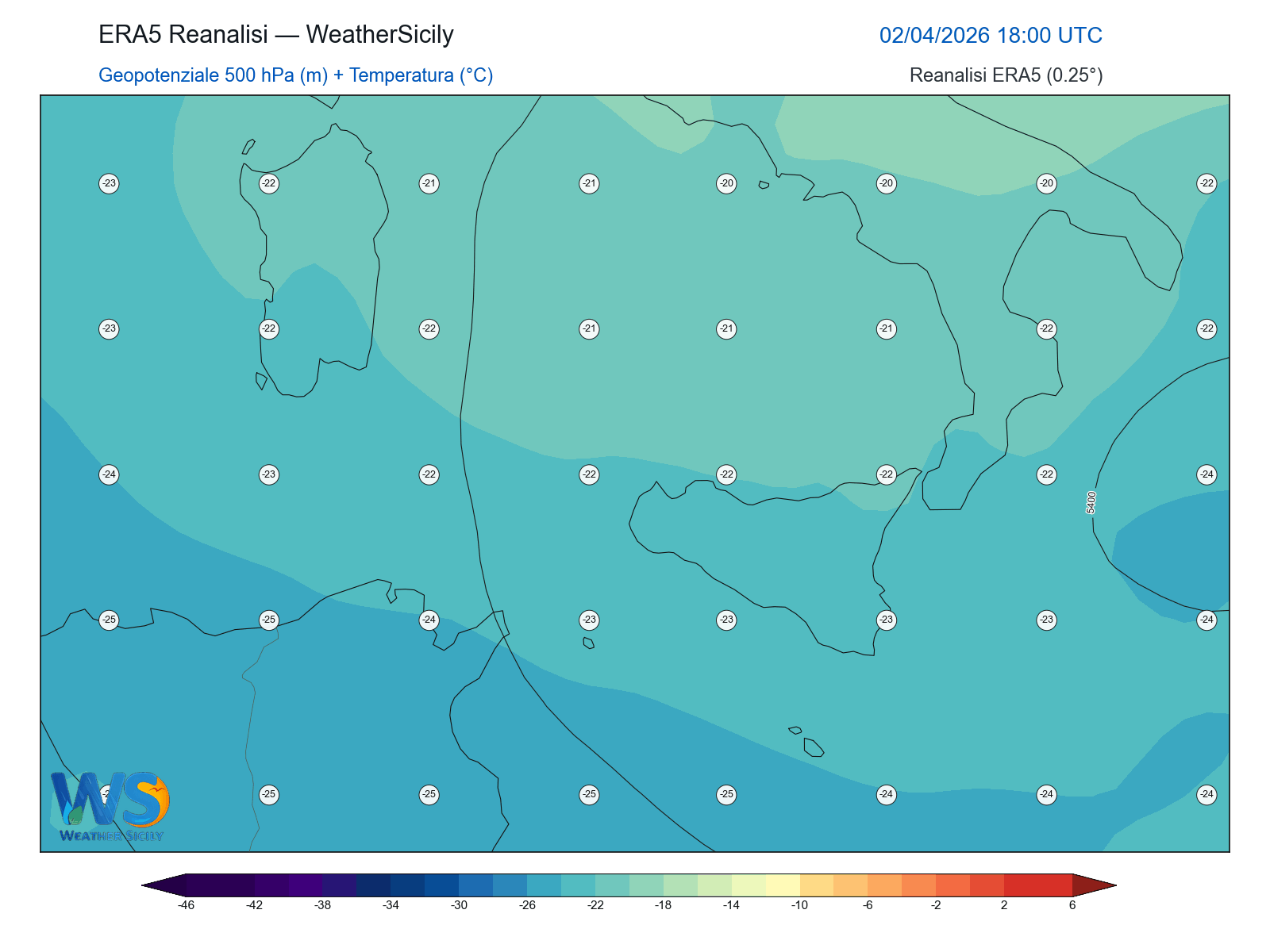 Geopotenziale 500 hPa + Temperatura · 2026040218