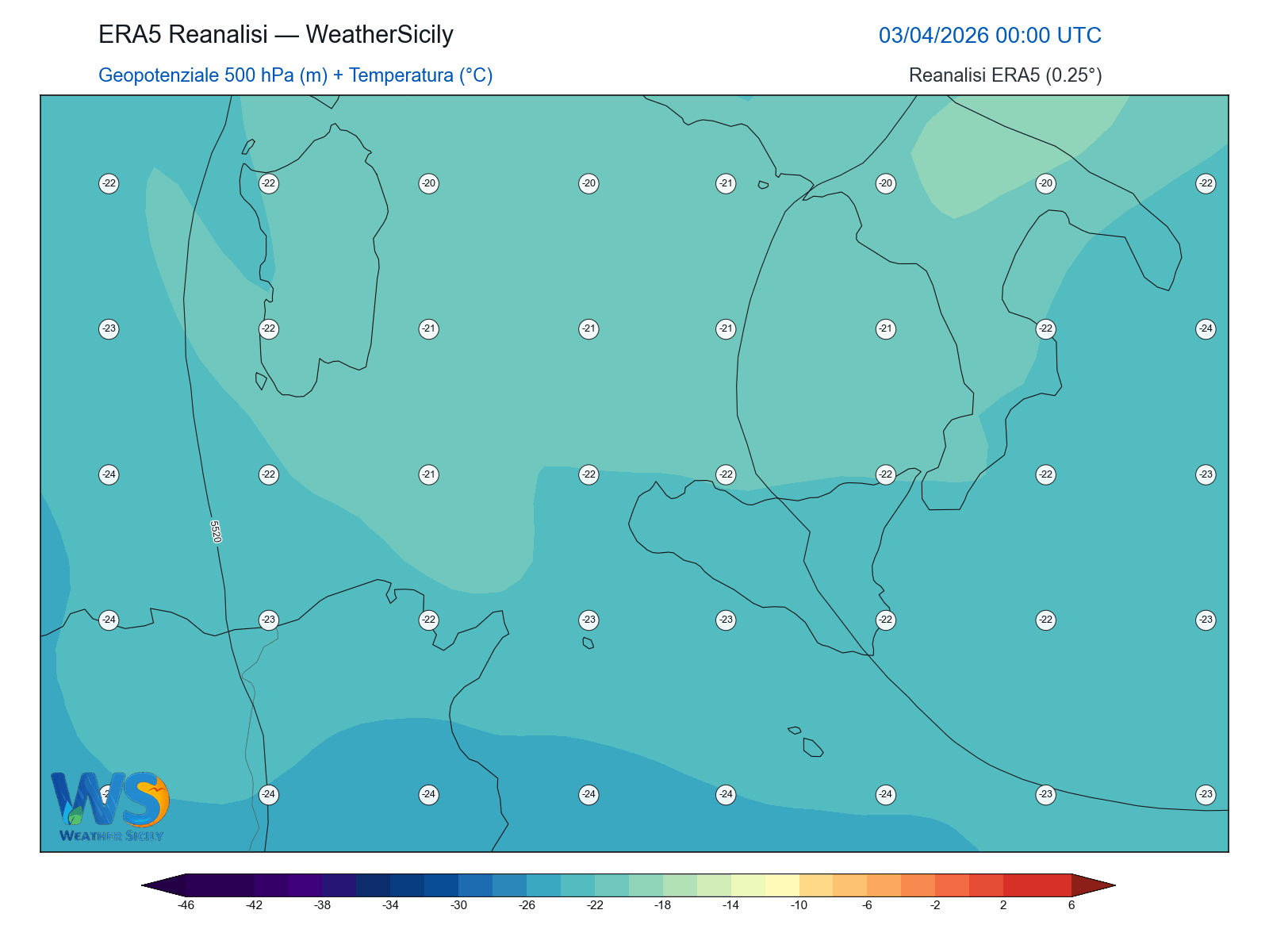 Geopotenziale 500 hPa + Temperatura · 2026040300