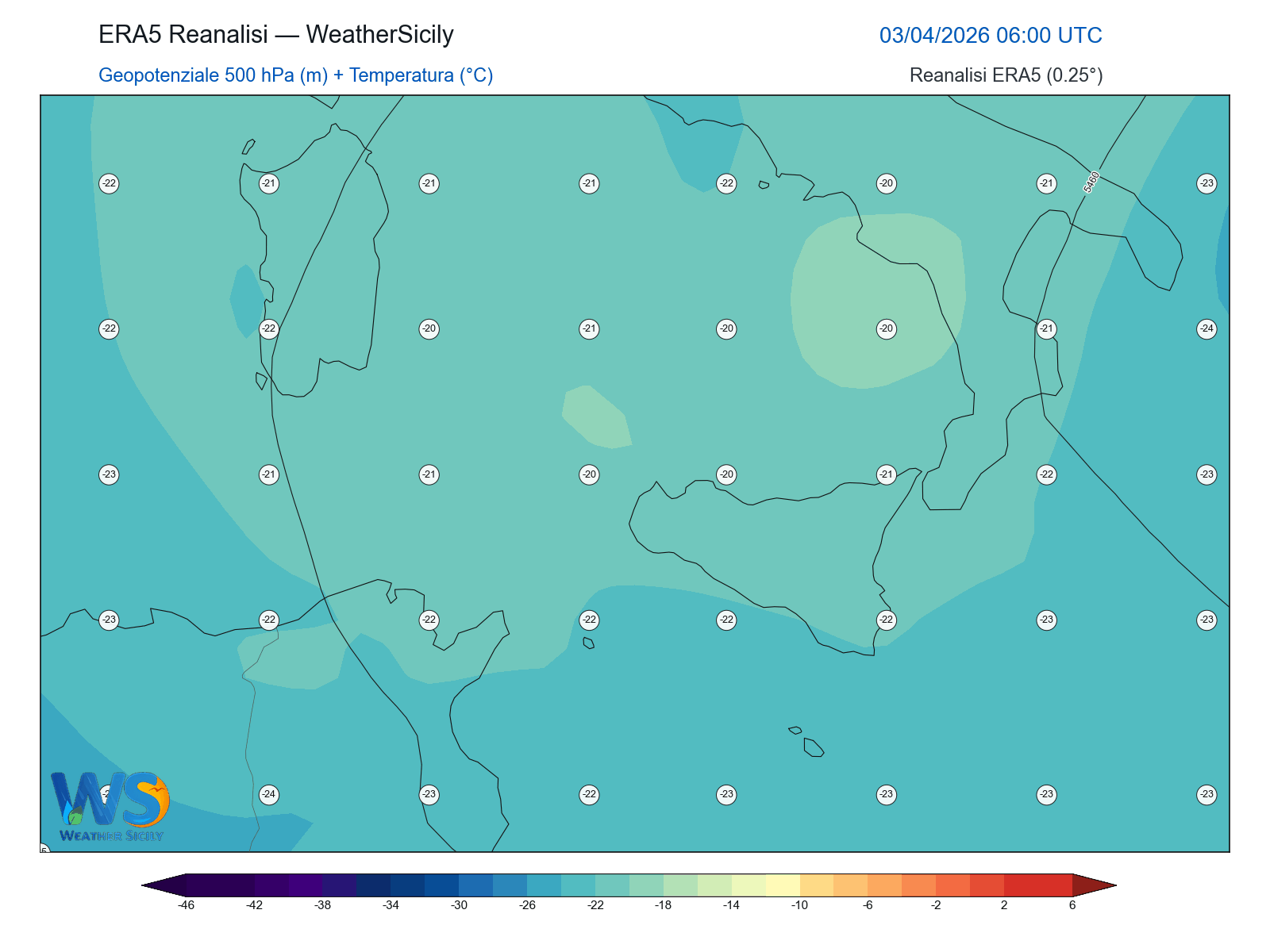 Geopotenziale 500 hPa + Temperatura · 2026040306