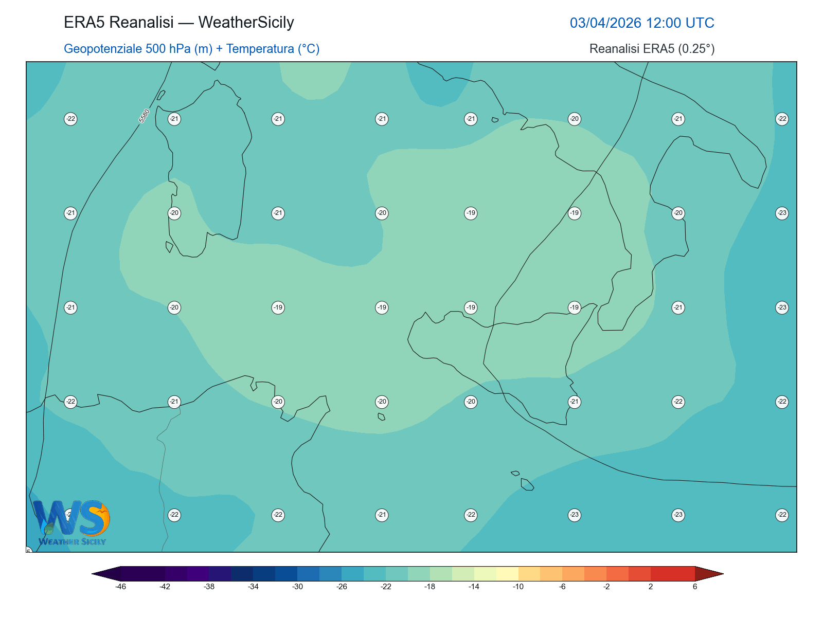 Geopotenziale 500 hPa + Temperatura · 2026040312